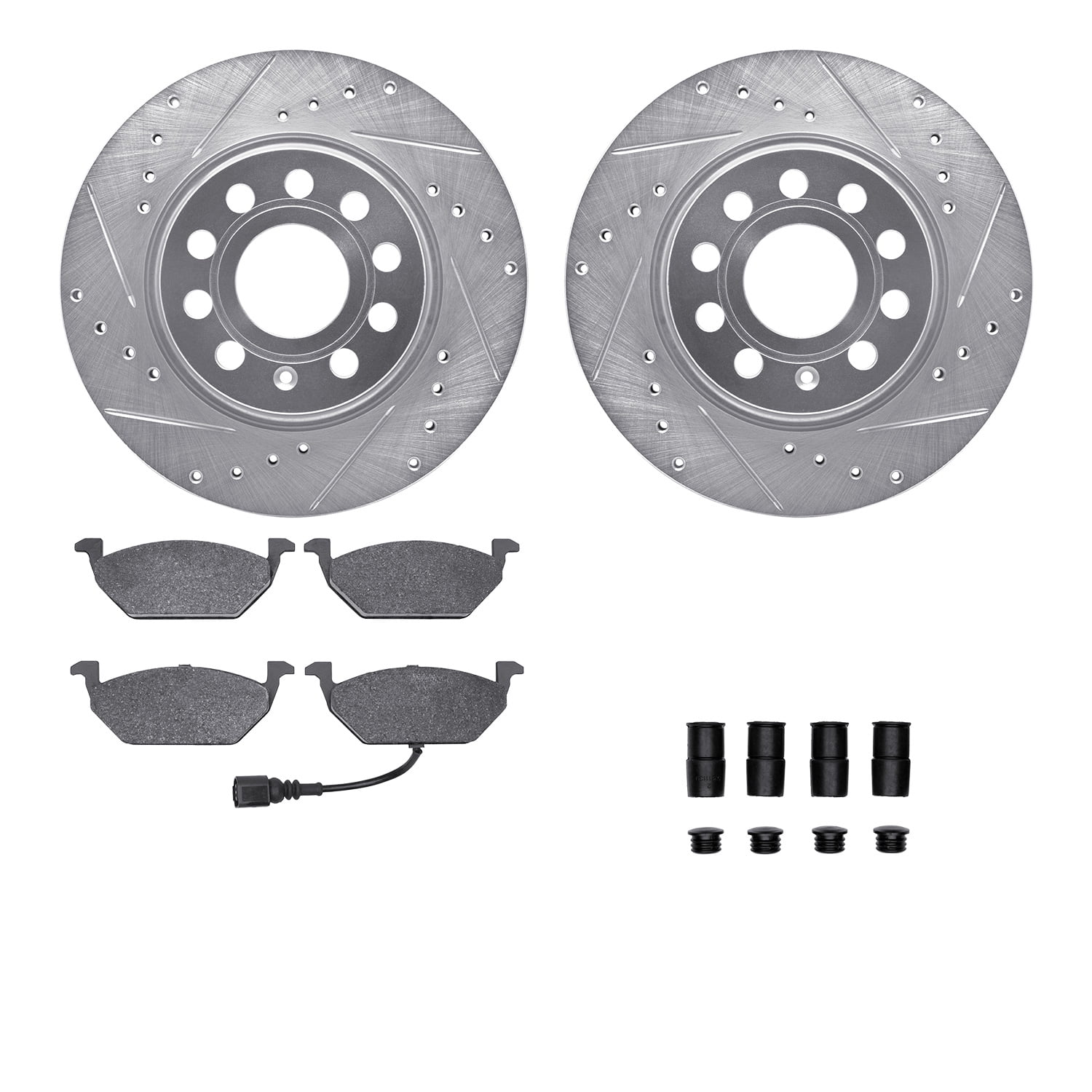 Dynamic Friction Company Front Brake Rotors-Drilled and Slotted-Silver with 5000 Advanced Brake Pads includes Hardware 7512-74065