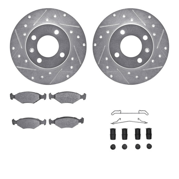 Dynamic Friction Company Front Brake Rotors-Drilled and Slotted-Silver with 5000 Advanced Brake Pads includes Hardware 7512-74075