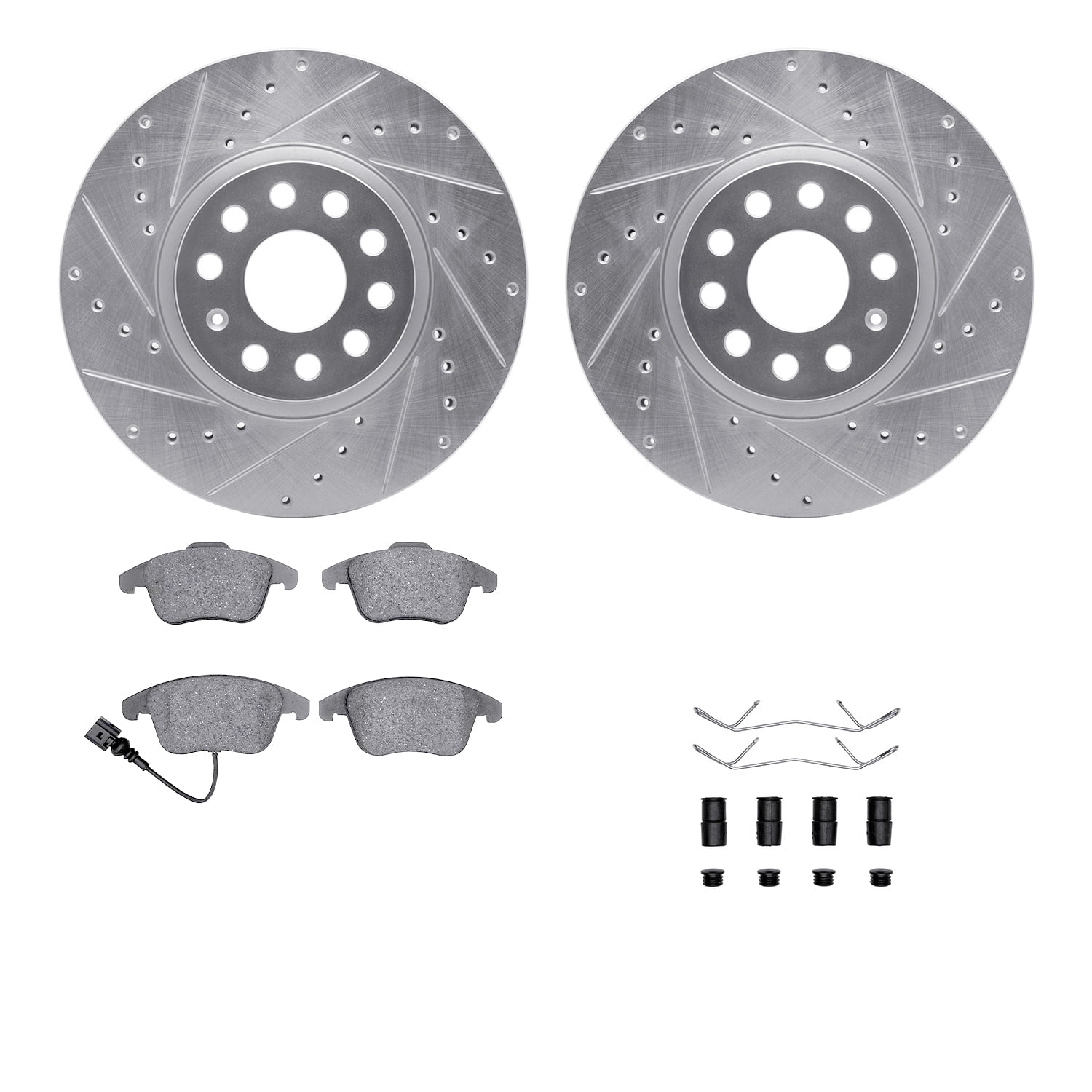 Dynamic Friction Company Front Brake Rotors-Drilled and Slotted-Silver with 5000 Advanced Brake Pads includes Hardware 7512-74088