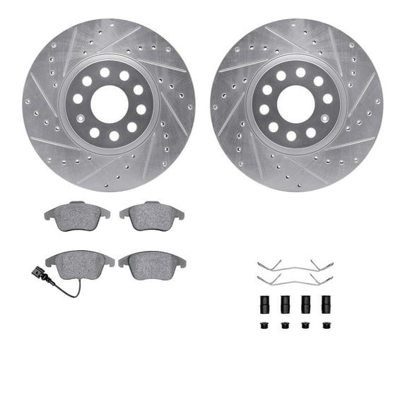 Dynamic Friction Company Front Brake Rotors-Drilled and Slotted-Silver with 5000 Advanced Brake Pads includes Hardware 7512-74088