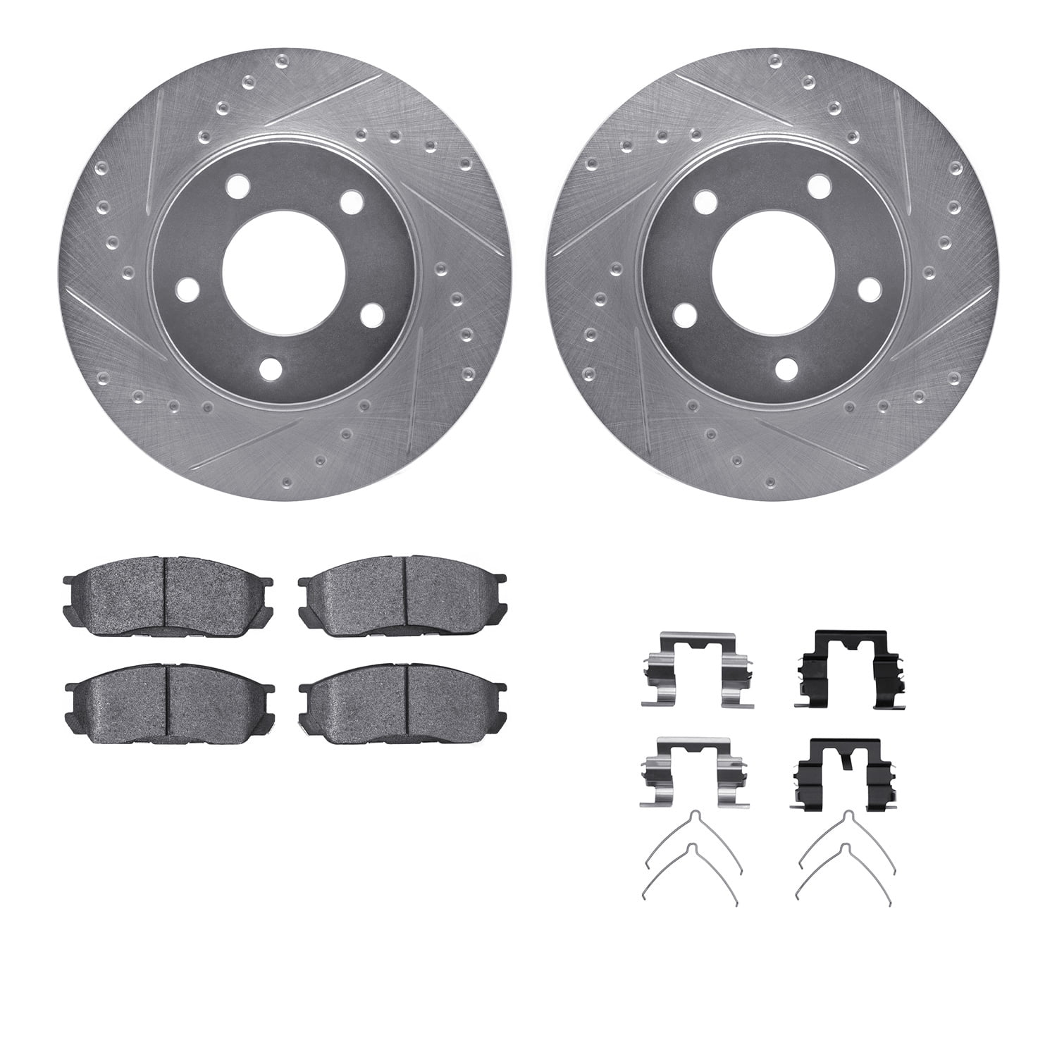 Dynamic Friction Company Front Brake Rotors-Drilled and Slotted-Silver with 5000 Advanced Brake Pads includes Hardware 7512-80017