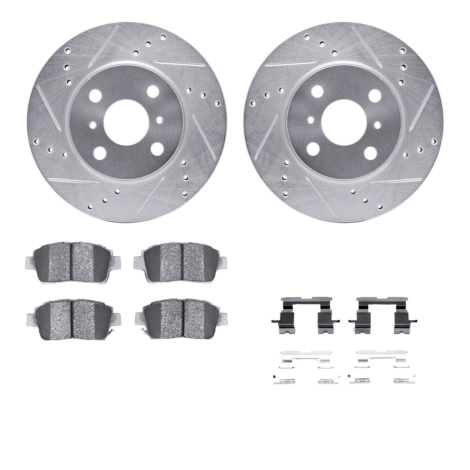 Dynamic Friction Company Front Brake Rotors-Drilled and Slotted-Silver with 5000 Advanced Brake Pads includes Hardware 7512-91001