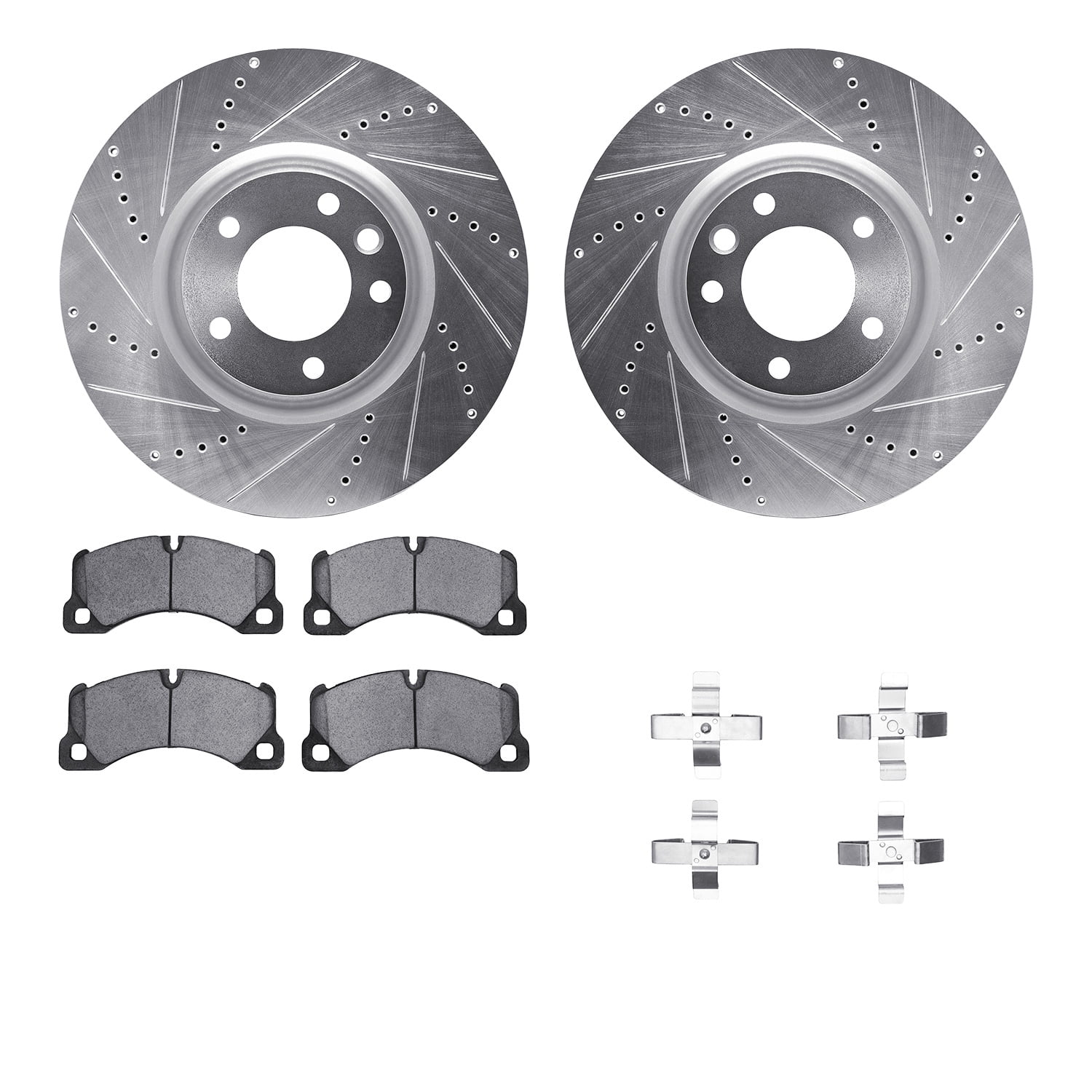 Dynamic Friction Company Front Brake Rotors-Drilled and Slotted-Silver with 5000 Euro Ceramic Brake Pads includes Hardware 7612-02012