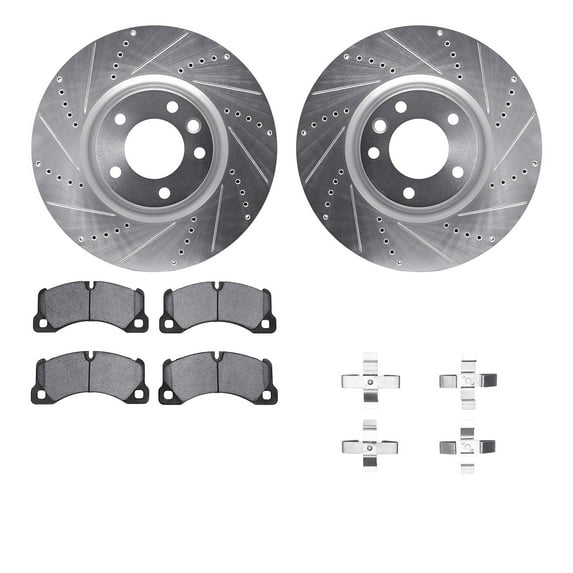 Dynamic Friction Company Front Brake Rotors-Drilled and Slotted-Silver with 5000 Euro Ceramic Brake Pads includes Hardware 7612-02012