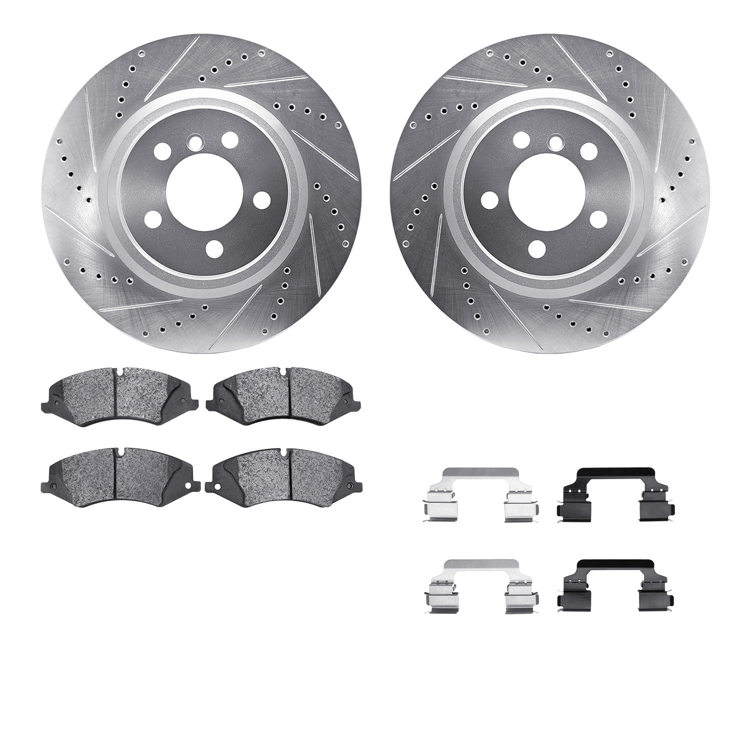 Dynamic Friction Company Front Brake Rotors-Drilled and Slotted-Silver with 5000 Euro Ceramic Brake Pads includes Hardware 7612-11013