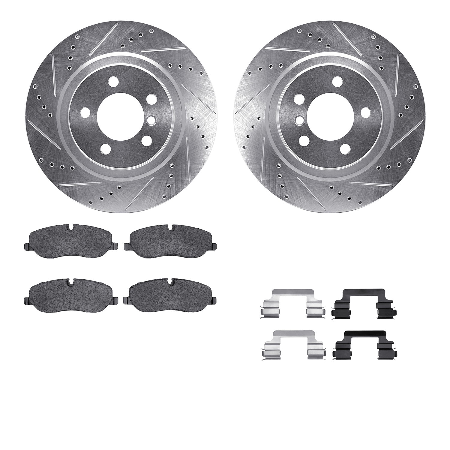 Dynamic Friction Company Front Brake Rotors-Drilled and Slotted-Silver with 5000 Euro Ceramic Brake Pads includes Hardware 7612-11014