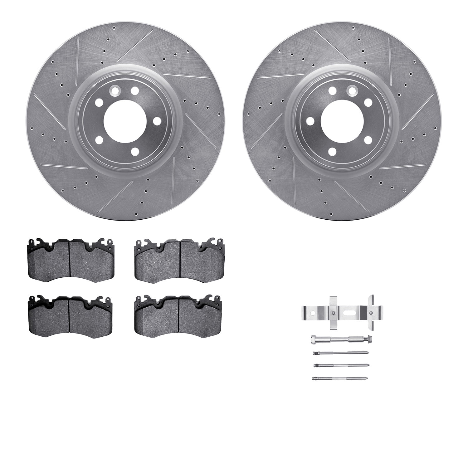 Dynamic Friction Company Front Brake Rotors-Drilled and Slotted-Silver with 5000 Euro Ceramic Brake Pads includes Hardware 7612-11028