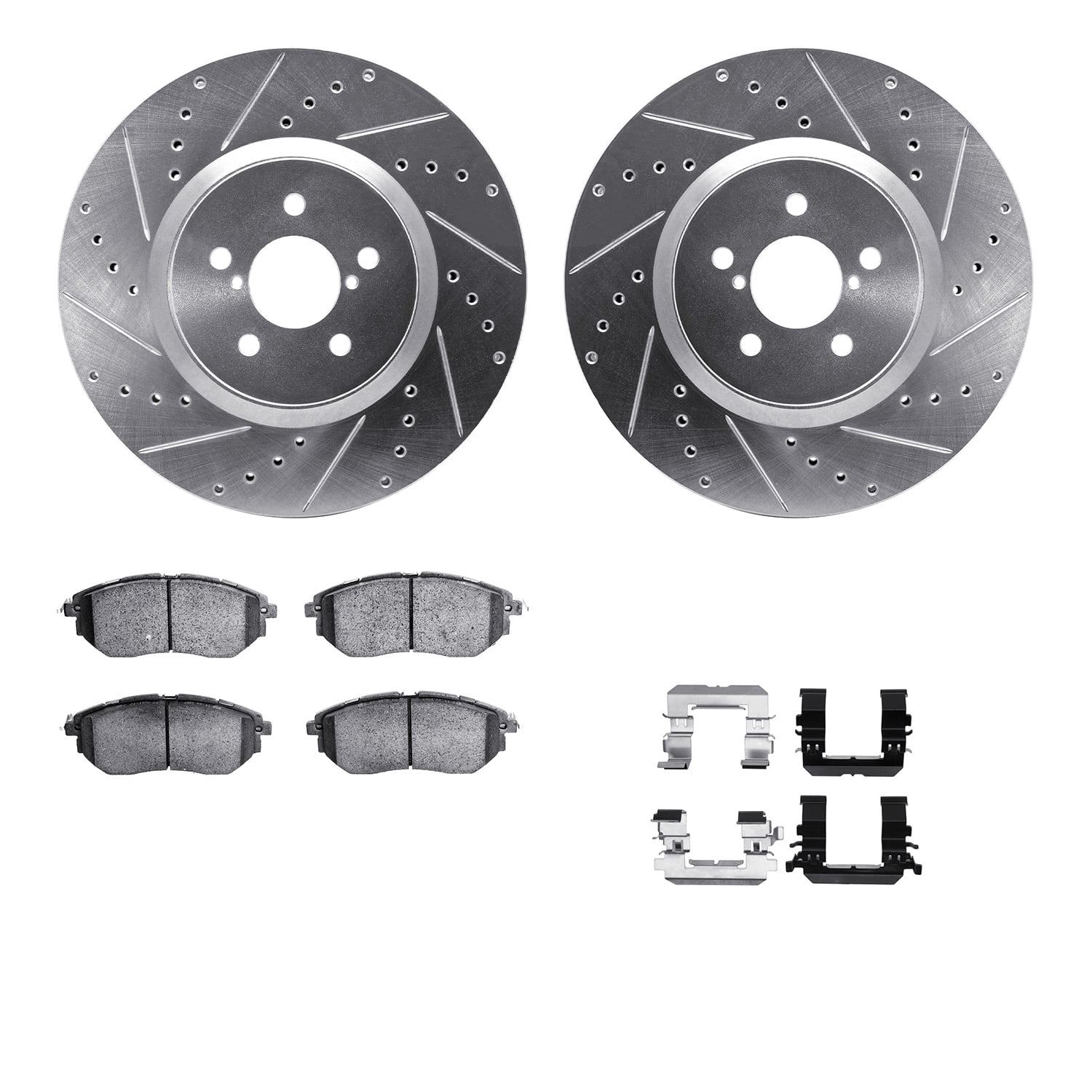 Dynamic Friction Company Front Brake Rotors-Drilled and Slotted-Silver with 5000 Euro Ceramic Brake Pads includes Hardware 7612-13006