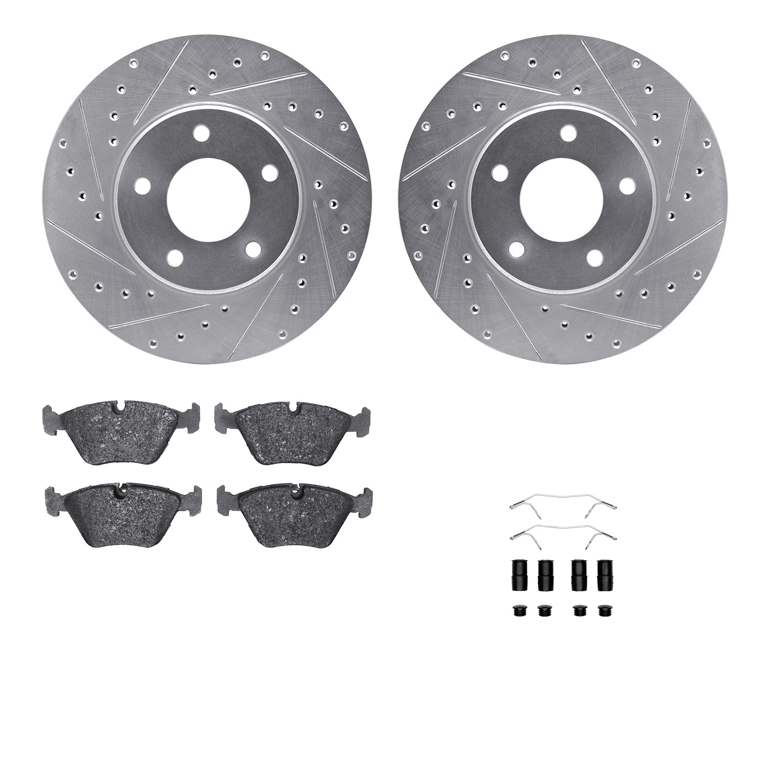 Dynamic Friction Company Front Brake Rotors-Drilled and Slotted-Silver with 5000 Euro Ceramic Brake Pads includes Hardware 7612-20006