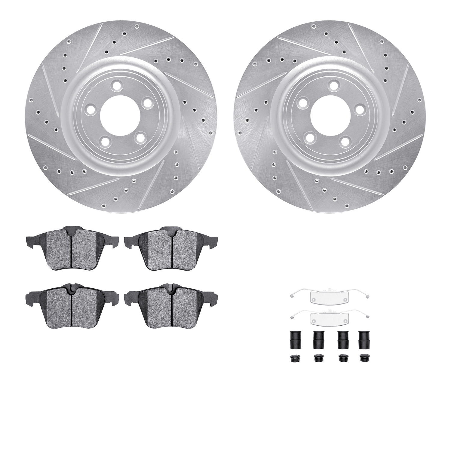 Dynamic Friction Company Front Brake Rotors-Drilled and Slotted-Silver with 5000 Euro Ceramic Brake Pads includes Hardware 7612-20014