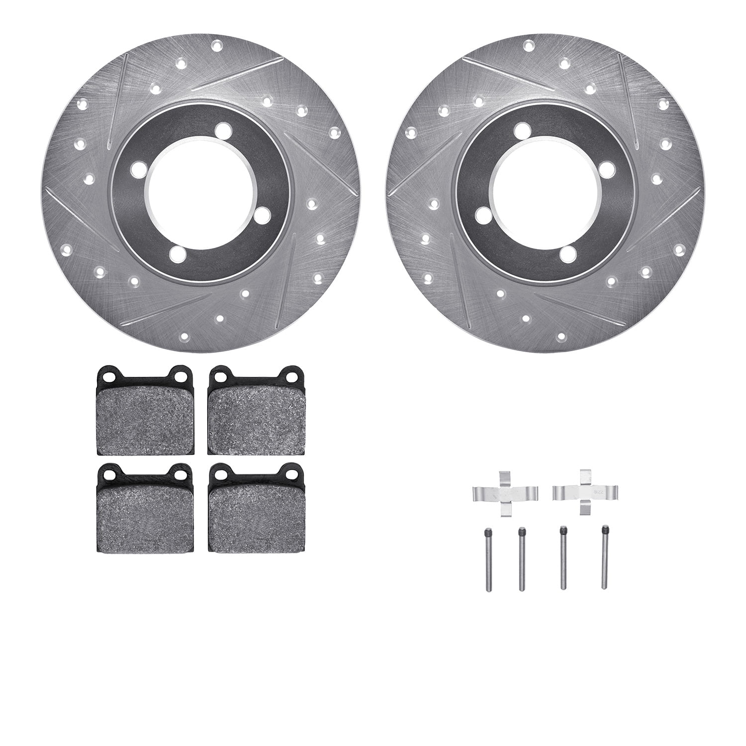 Dynamic Friction Company Front Brake Rotors-Drilled and Slotted-Silver with 5000 Euro Ceramic Brake Pads includes Hardware 7612-22001
