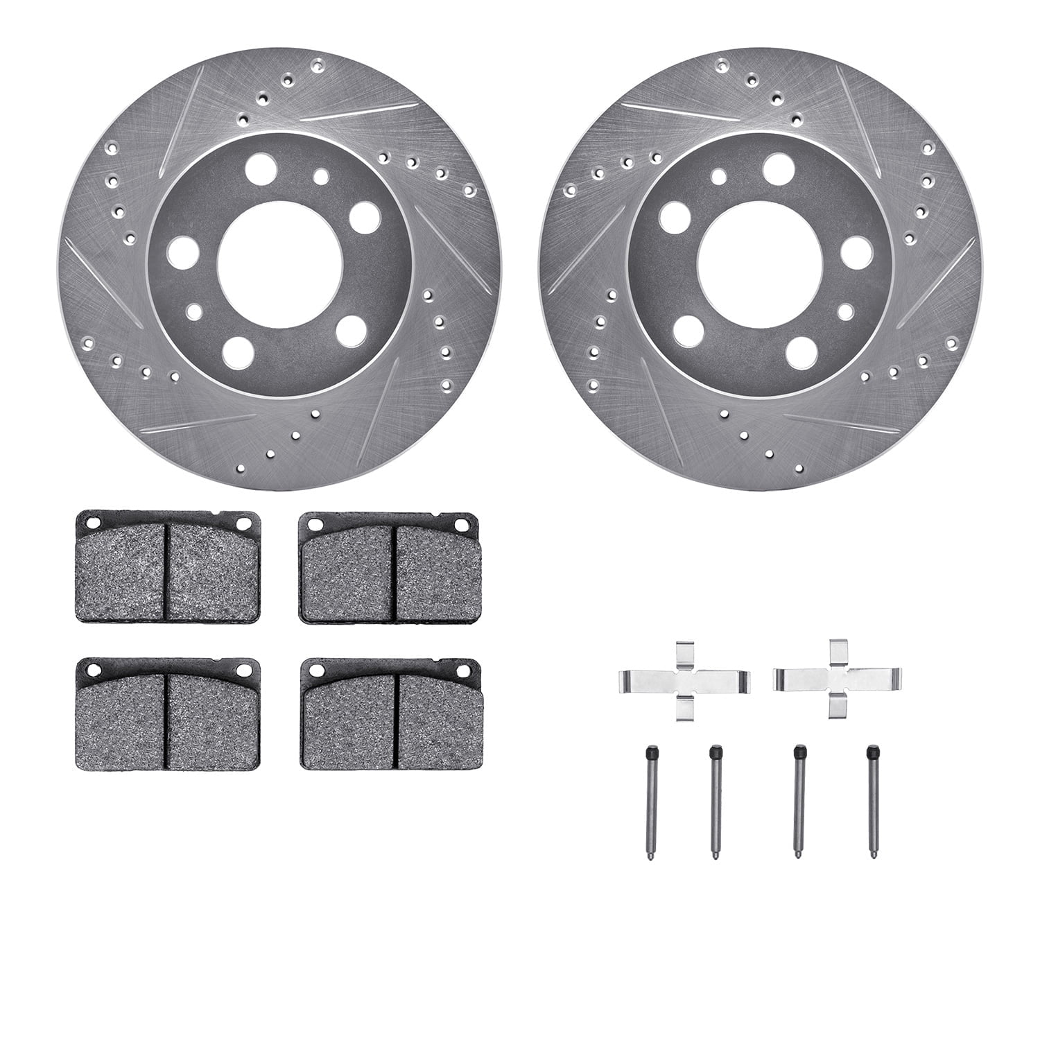 Dynamic Friction Company Front Brake Rotors-Drilled and Slotted-Silver with 5000 Euro Ceramic Brake Pads includes Hardware 7612-27006