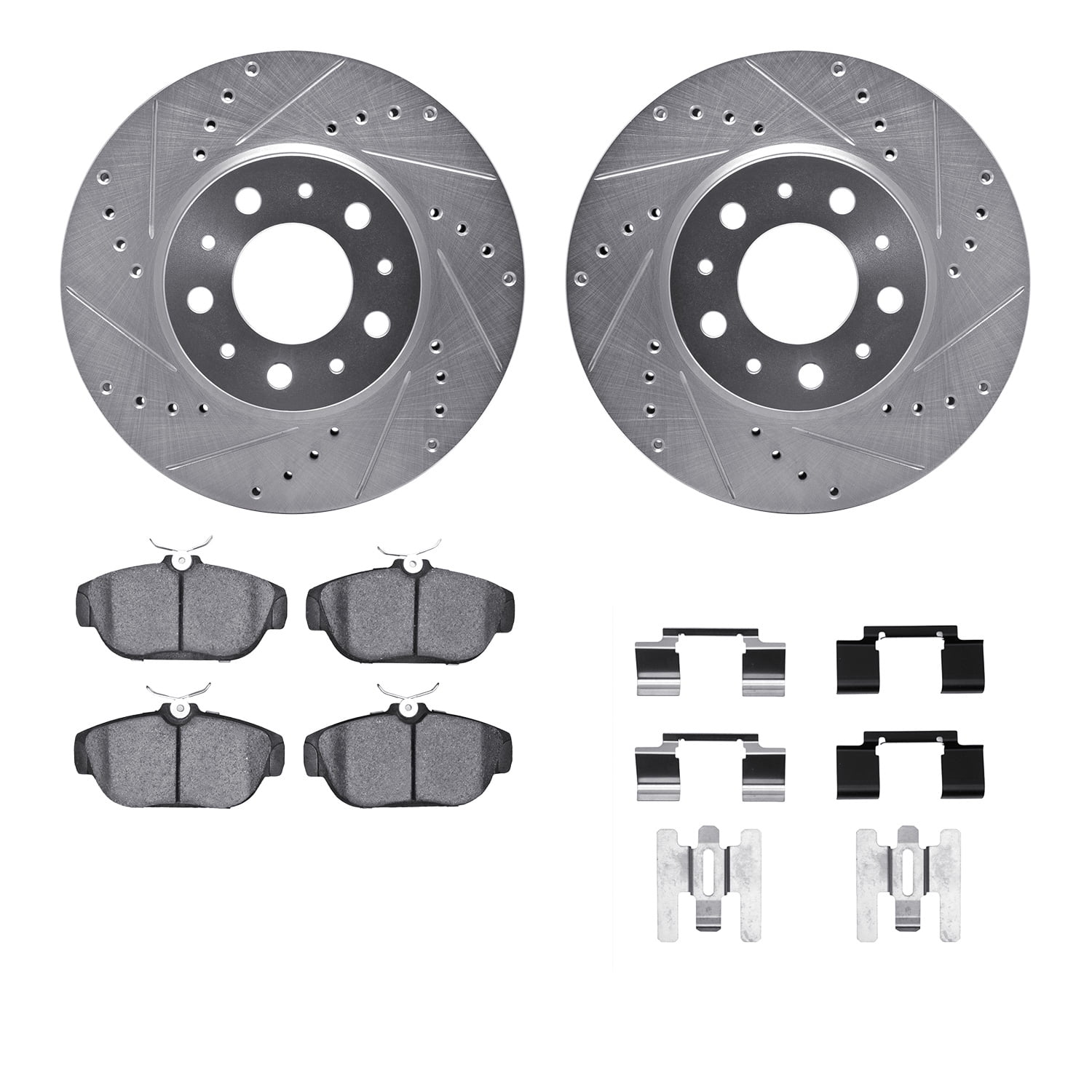 Dynamic Friction Company Front Brake Rotors-Drilled and Slotted-Silver with 5000 Euro Ceramic Brake Pads includes Hardware 7612-27018