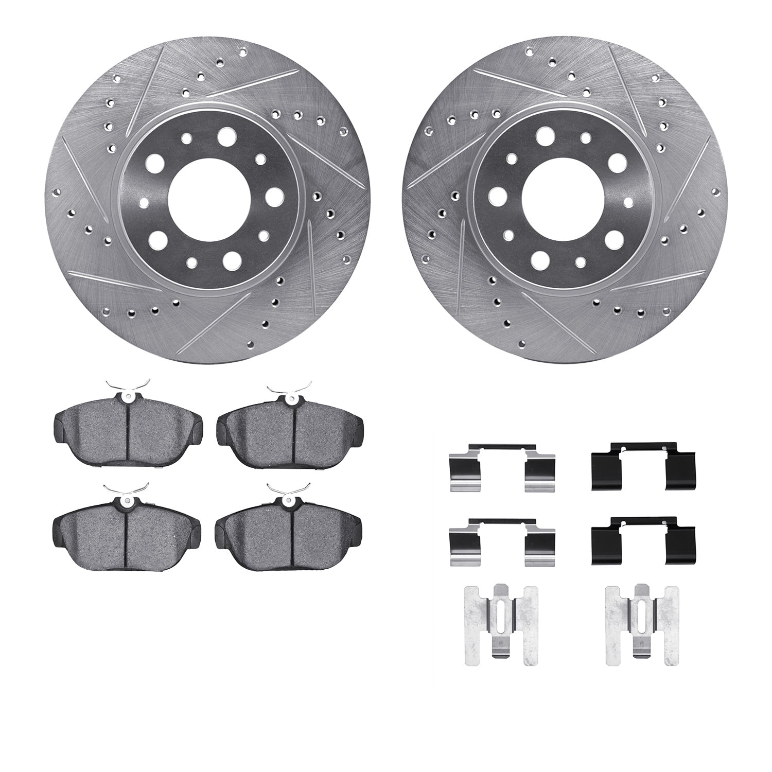 Dynamic Friction Company Front Brake Rotors-Drilled and Slotted-Silver with 5000 Euro Ceramic Brake Pads includes Hardware 7612-27021