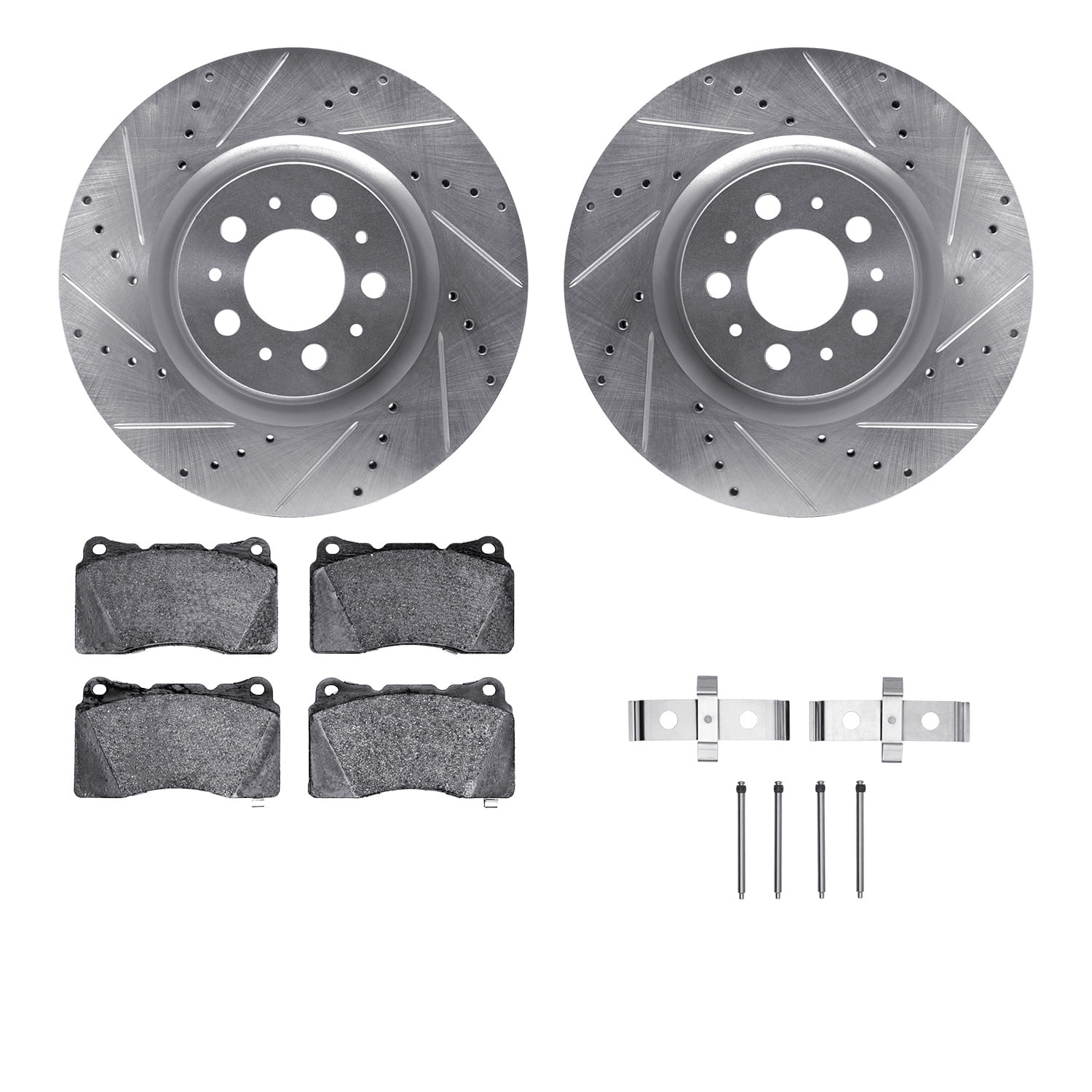 Dynamic Friction Company Front Brake Rotors-Drilled and Slotted-Silver with 5000 Euro Ceramic Brake Pads includes Hardware 7612-27033