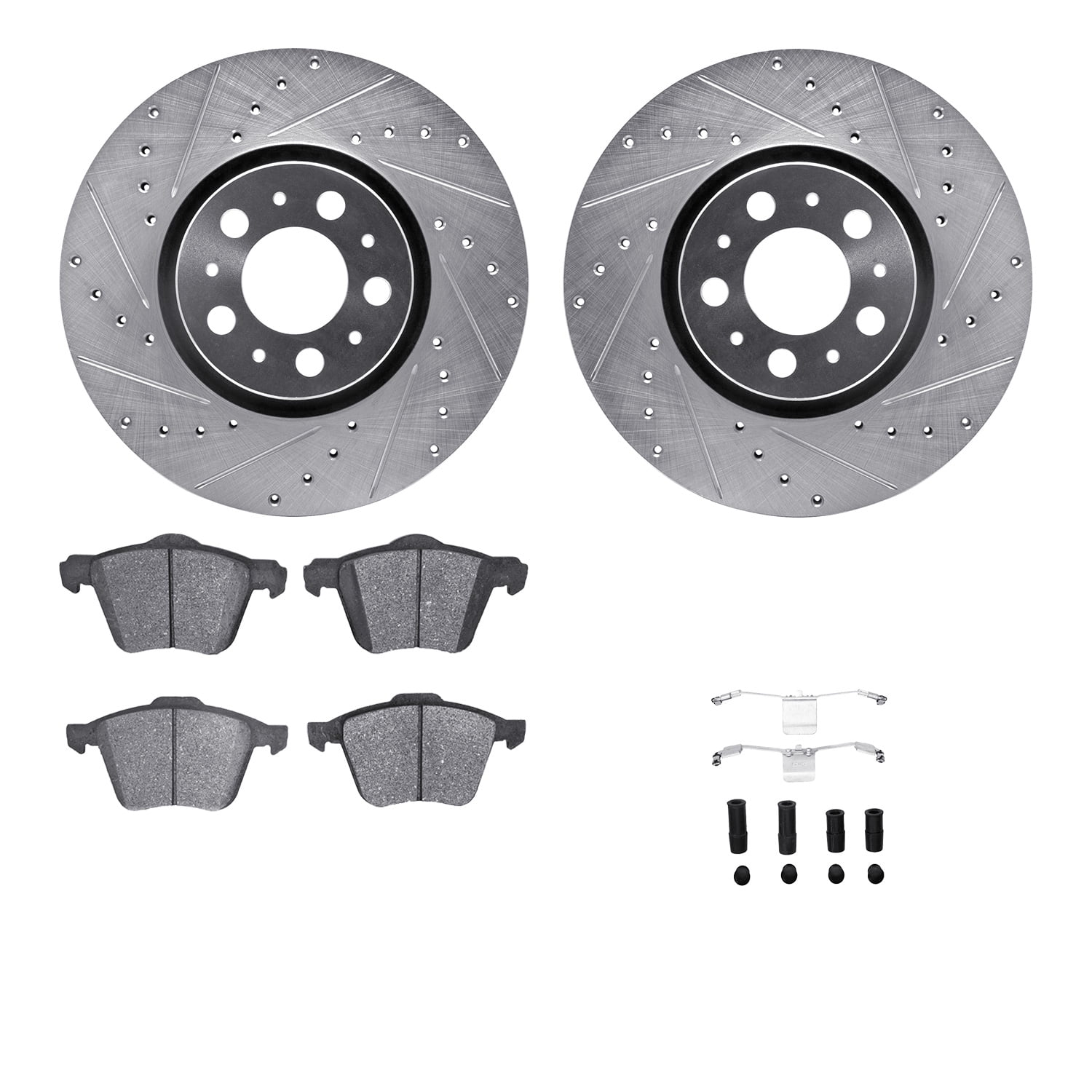 Dynamic Friction Company Front Brake Rotors-Drilled and Slotted-Silver with 5000 Euro Ceramic Brake Pads includes Hardware 7612-27043