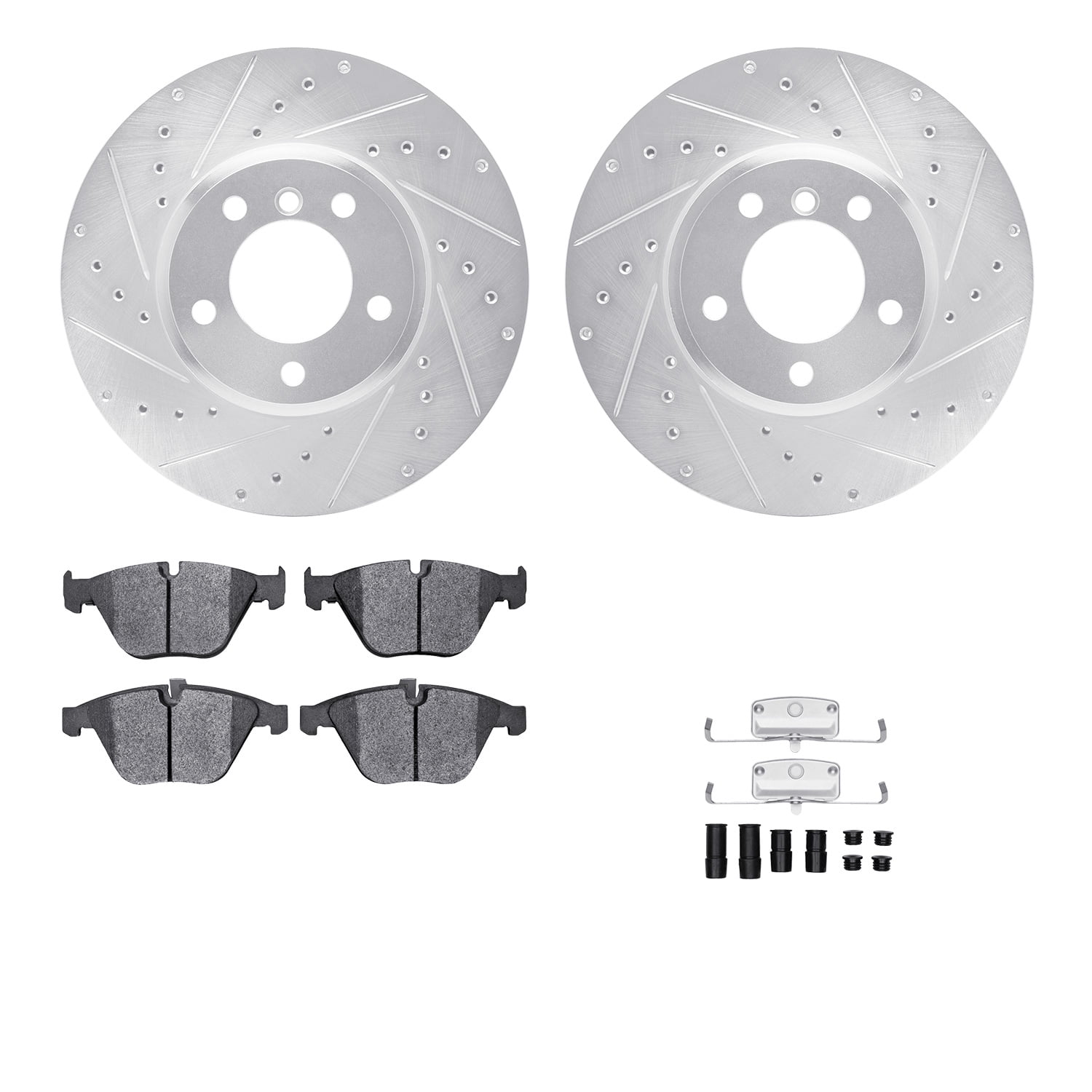 Dynamic Friction Company Front Brake Rotors-Drilled and Slotted-Silver with 5000 Euro Ceramic Brake Pads includes Hardware 7612-31057
