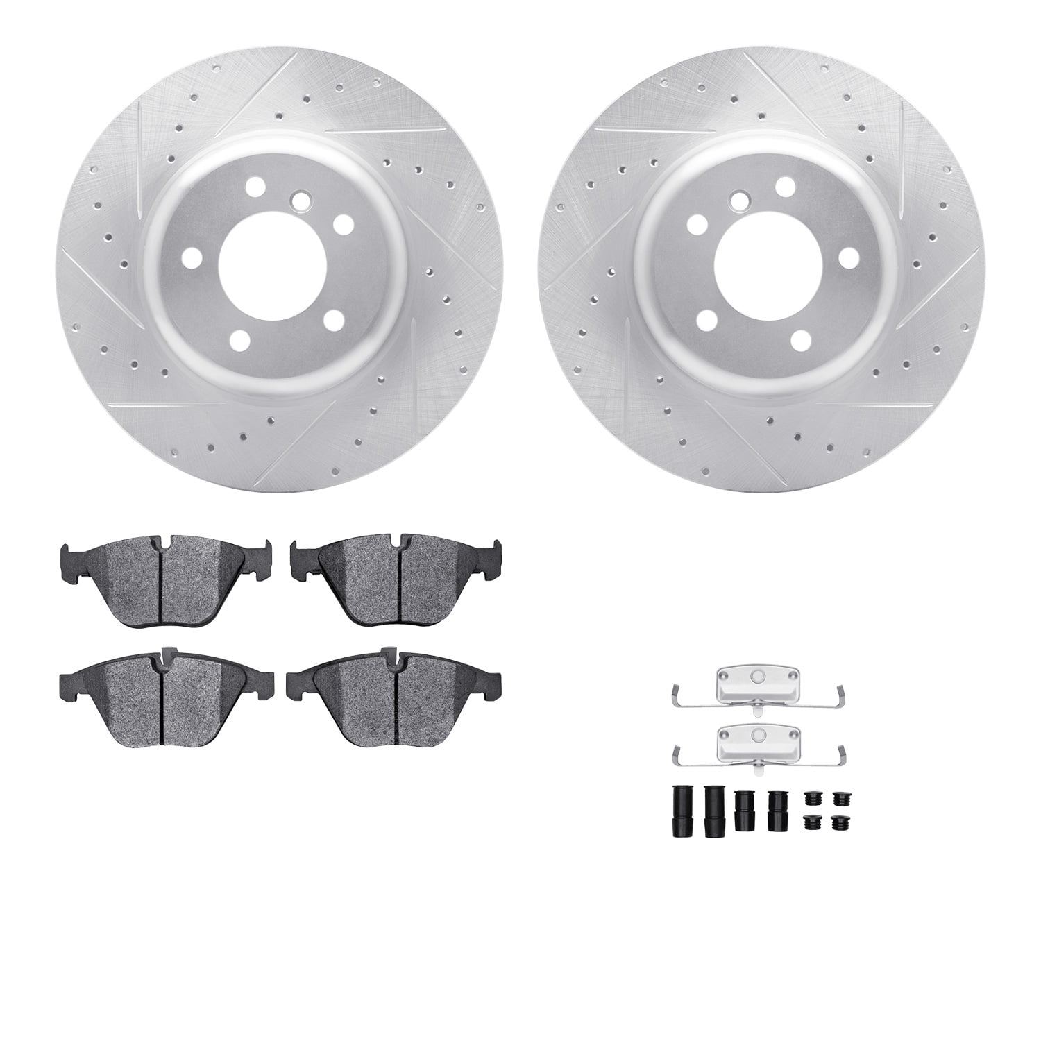 Dynamic Friction Company Front Brake Rotors-Drilled and Slotted-Silver with 5000 Euro Ceramic Brake Pads includes Hardware 7612-31059