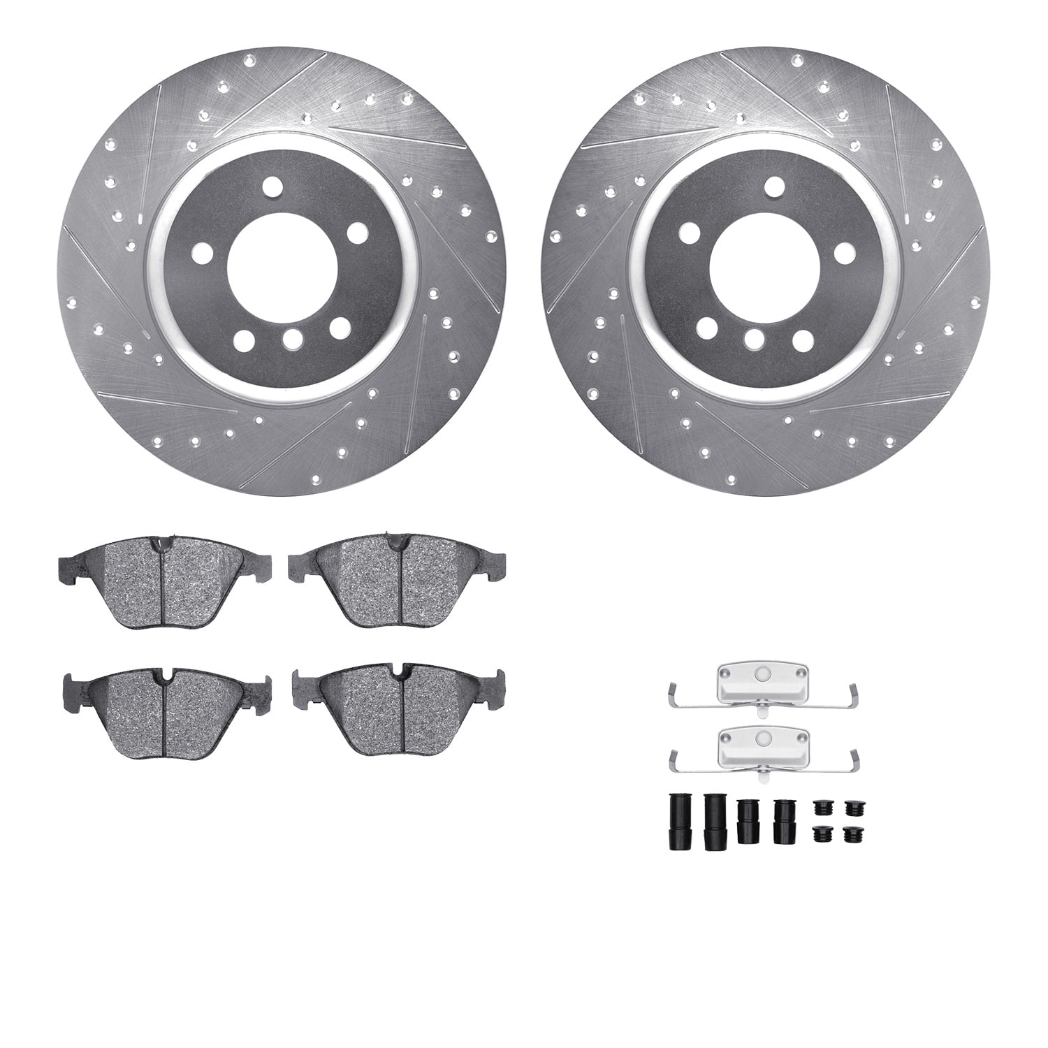 Dynamic Friction Company Front Brake Rotors-Drilled and Slotted-Silver with 5000 Euro Ceramic Brake Pads includes Hardware 7612-31088