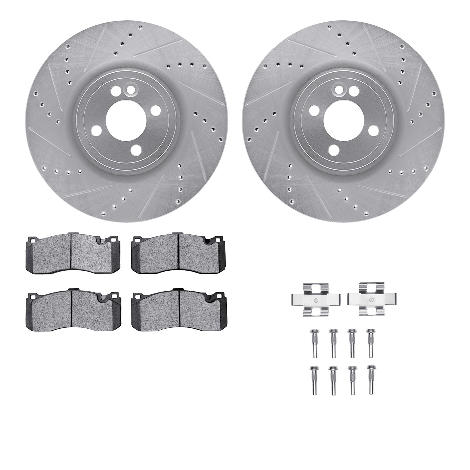 Dynamic Friction Company Front Brake Rotors-Drilled and Slotted-Silver with 5000 Euro Ceramic Brake Pads includes Hardware 7612-32013
