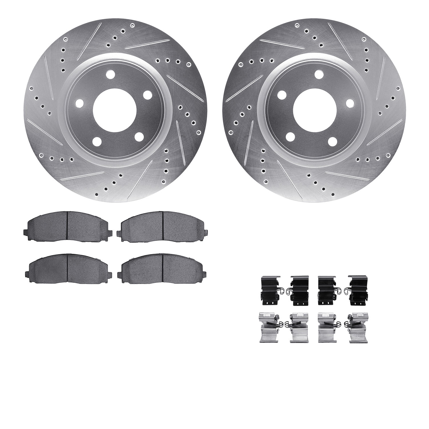 Dynamic Friction Company Front Brake Rotors-Drilled and Slotted-Silver with 5000 Euro Ceramic Brake Pads includes Hardware 7612-40003