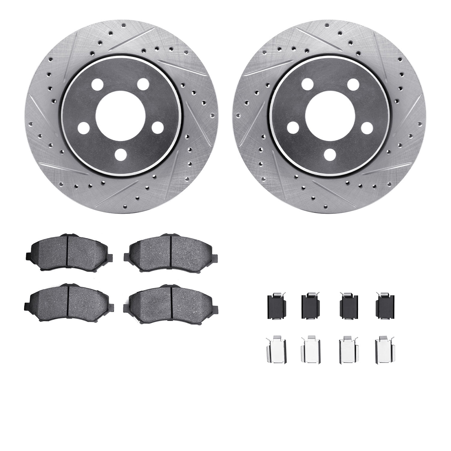 Dynamic Friction Company Front Brake Rotors-Drilled and Slotted-Silver with 5000 Euro Ceramic Brake Pads includes Hardware 7612-42011