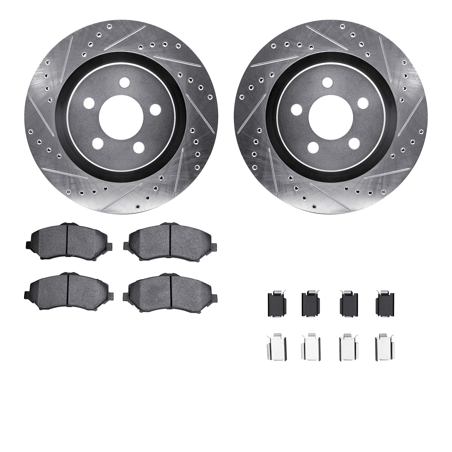 Dynamic Friction Company Front Brake Rotors-Drilled and Slotted-Silver with 5000 Euro Ceramic Brake Pads includes Hardware 7612-42012