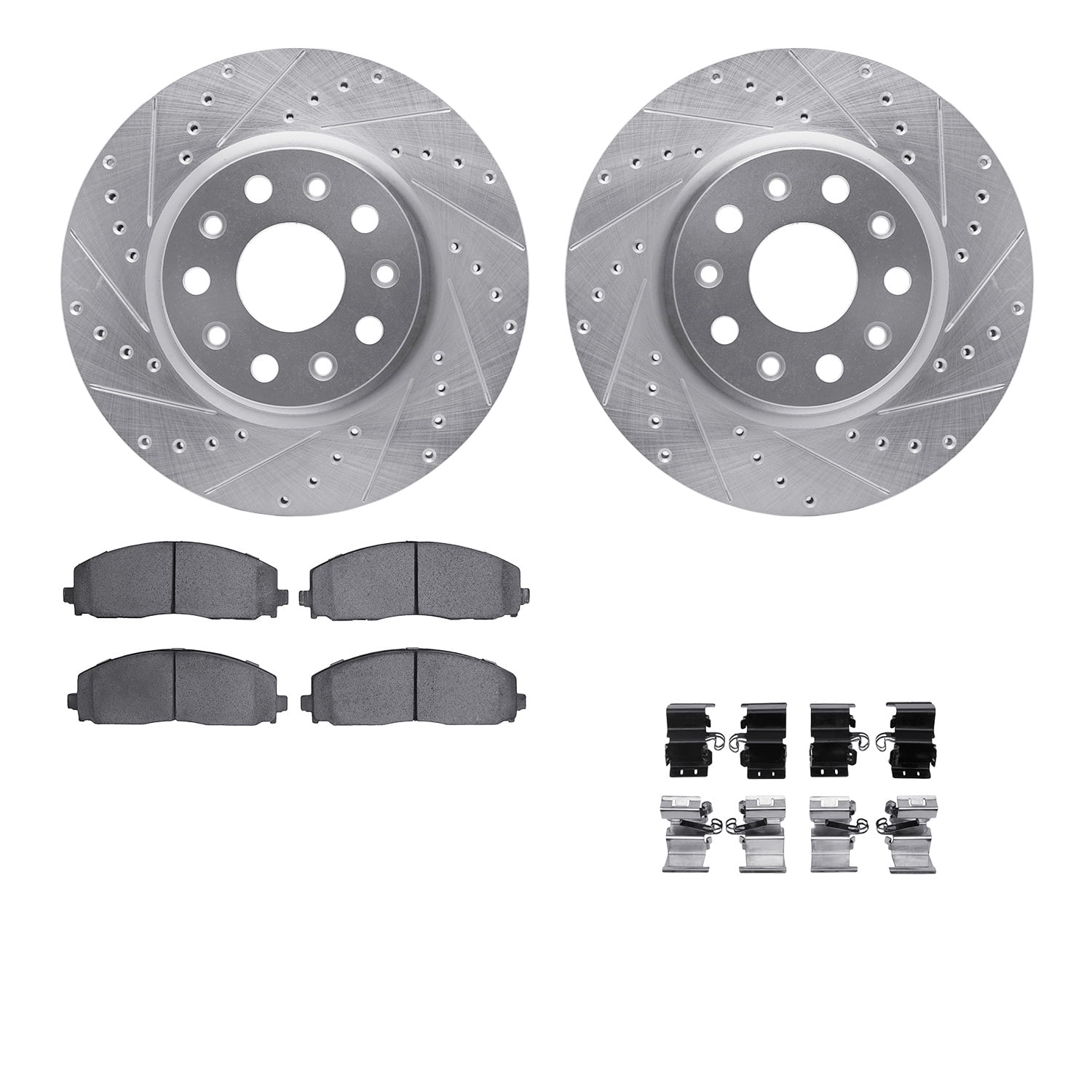 Dynamic Friction Company Front Brake Rotors-Drilled and Slotted-Silver with 5000 Euro Ceramic Brake Pads includes Hardware 7612-42016
