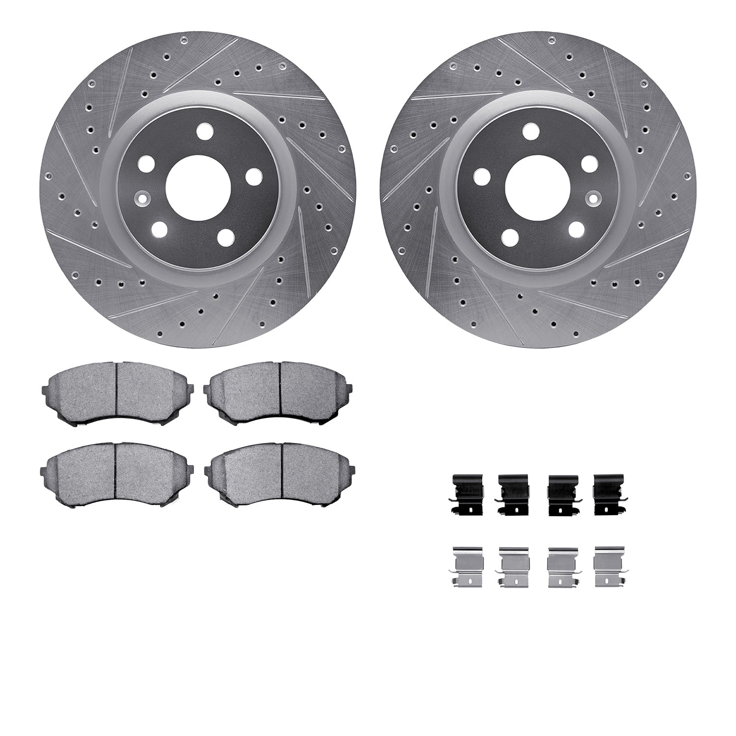Dynamic Friction Company Front Brake Rotors-Drilled and Slotted-Silver with 5000 Euro Ceramic Brake Pads includes Hardware 7612-46012