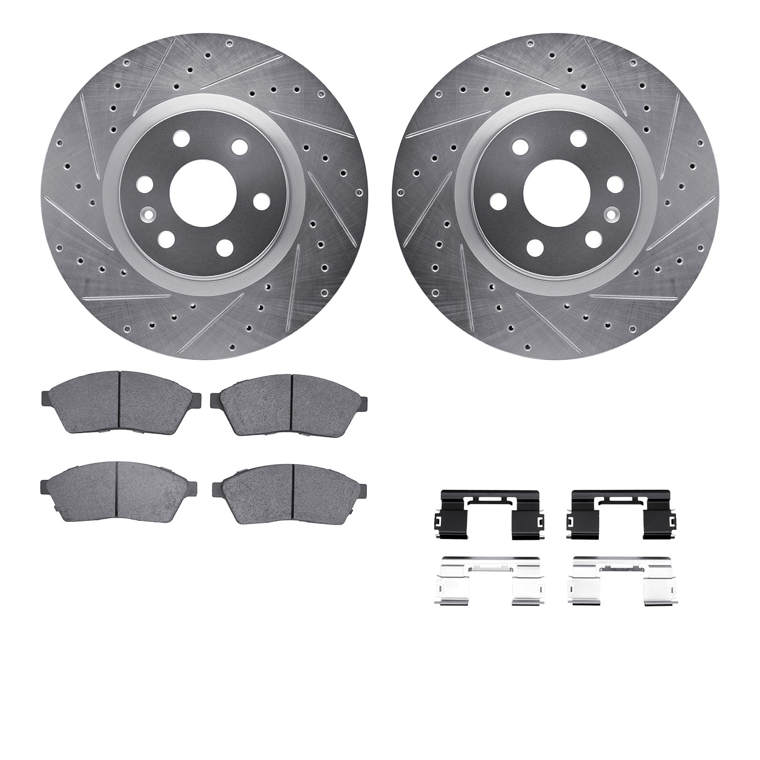 Dynamic Friction Company Front Brake Rotors-Drilled and Slotted-Silver with 5000 Euro Ceramic Brake Pads includes Hardware 7612-46031