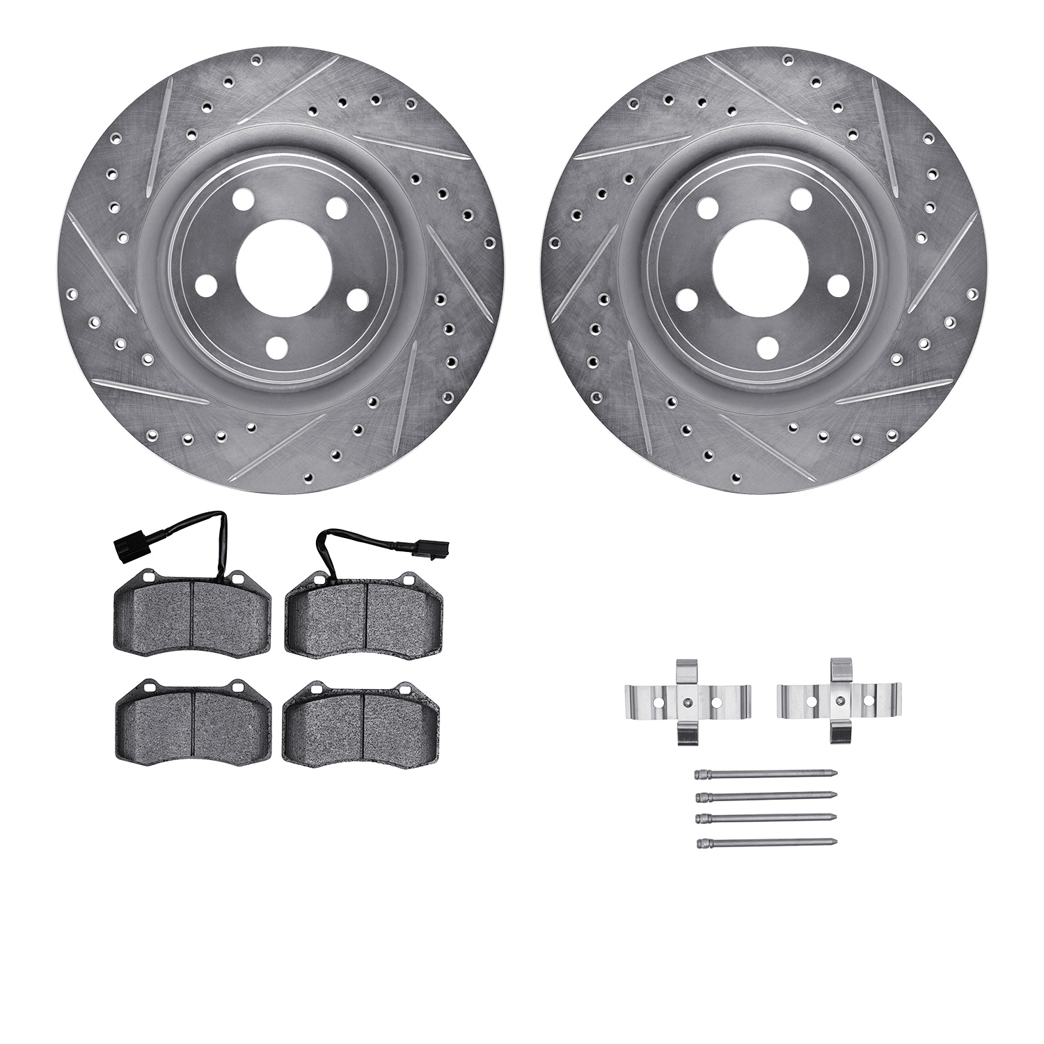 Dynamic Friction Company Front Brake Rotors-Drilled and Slotted-Silver with 5000 Euro Ceramic Brake Pads includes Hardware 7612-47005