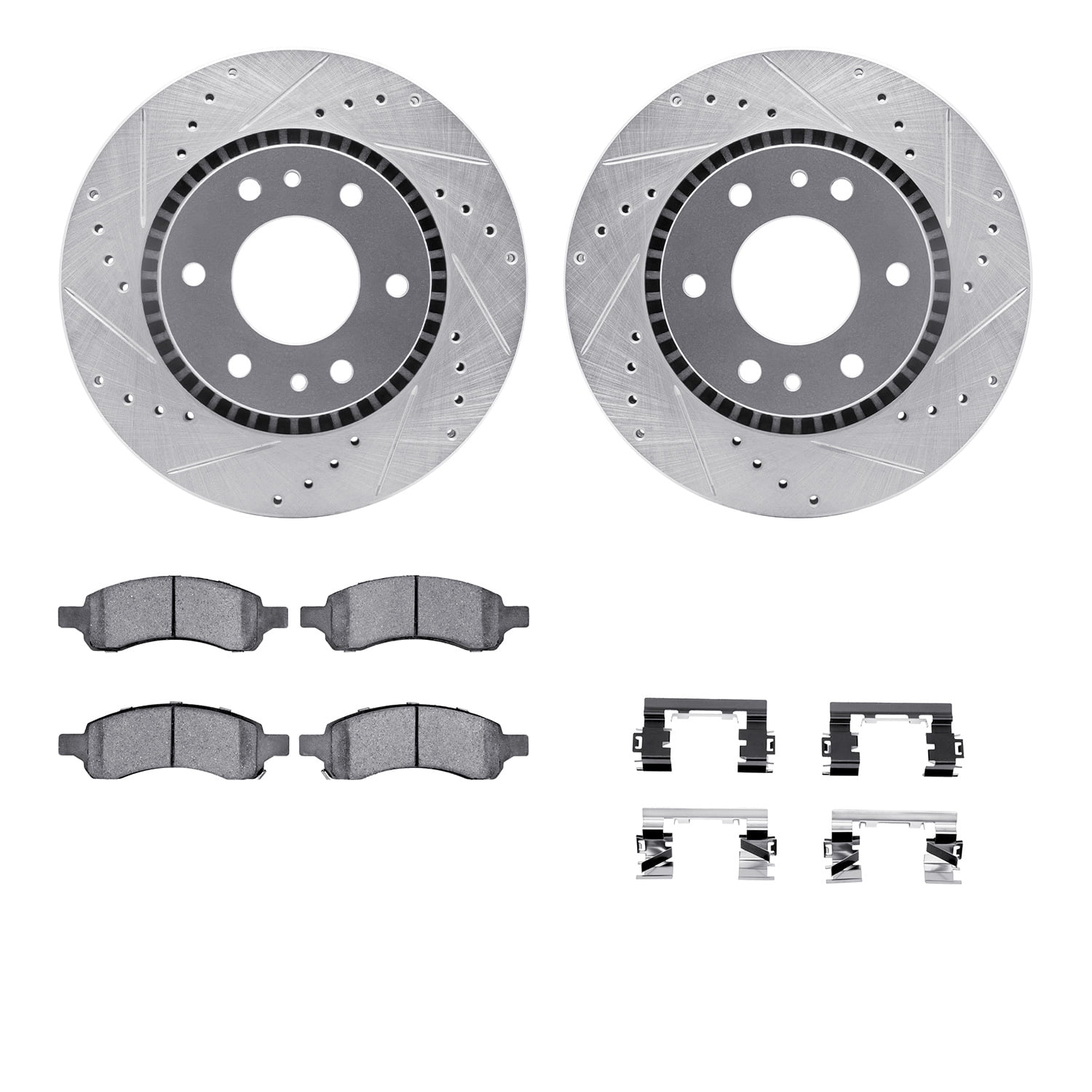 Dynamic Friction Company Front Brake Rotors-Drilled and Slotted-Silver with 5000 Euro Ceramic Brake Pads includes Hardware 7612-48005