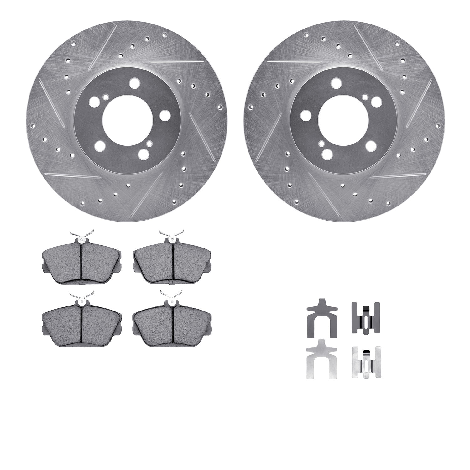 Dynamic Friction Company Front Brake Rotors-Drilled and Slotted-Silver with 5000 Euro Ceramic Brake Pads includes Hardware 7612-54001