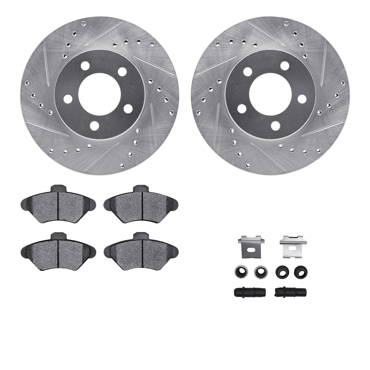 Dynamic Friction Company Front Brake Rotors-Drilled and Slotted-Silver with 5000 Euro Ceramic Brake Pads includes Hardware 7612-54002
