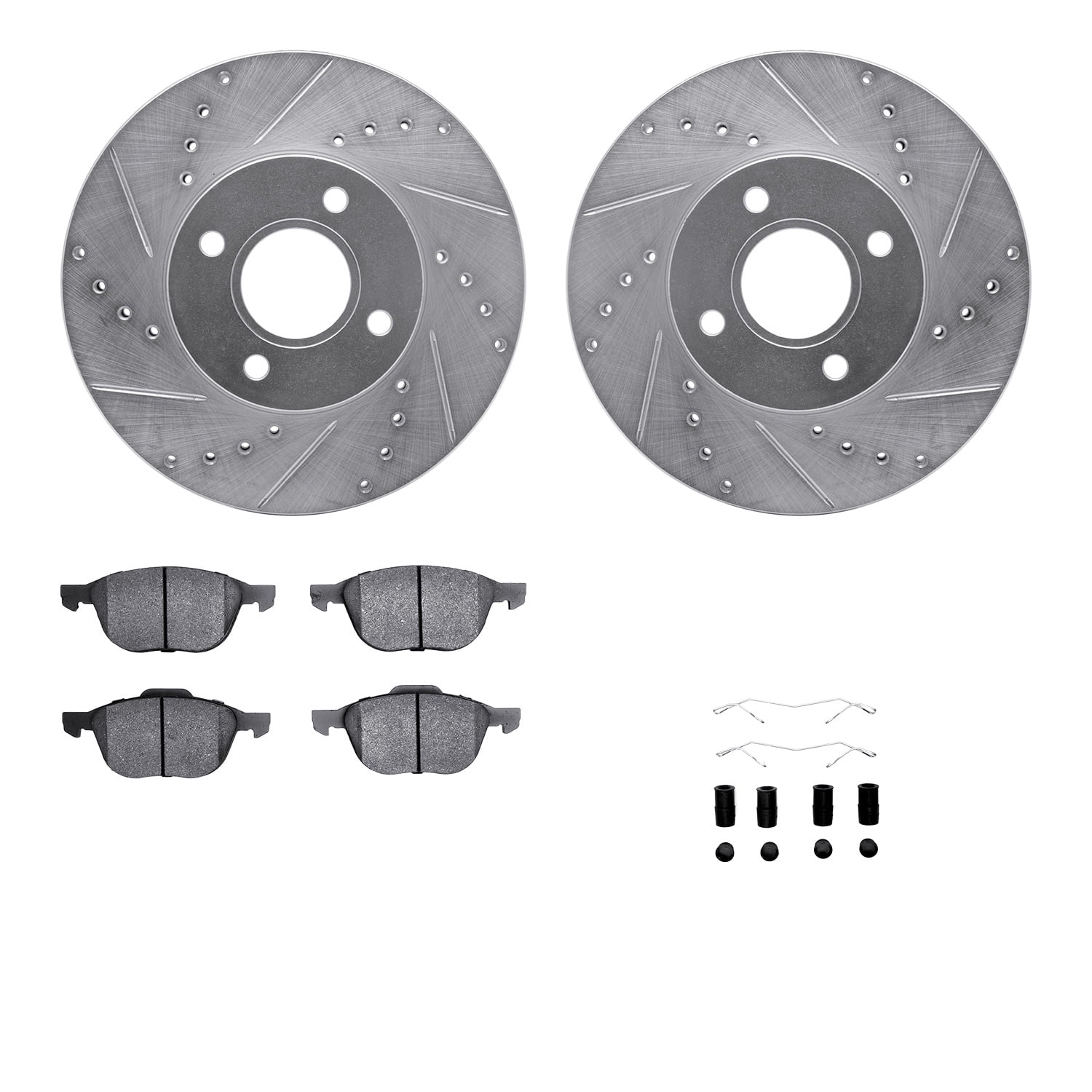 Dynamic Friction Company Front Brake Rotors-Drilled and Slotted-Silver with 5000 Euro Ceramic Brake Pads includes Hardware 7612-54007