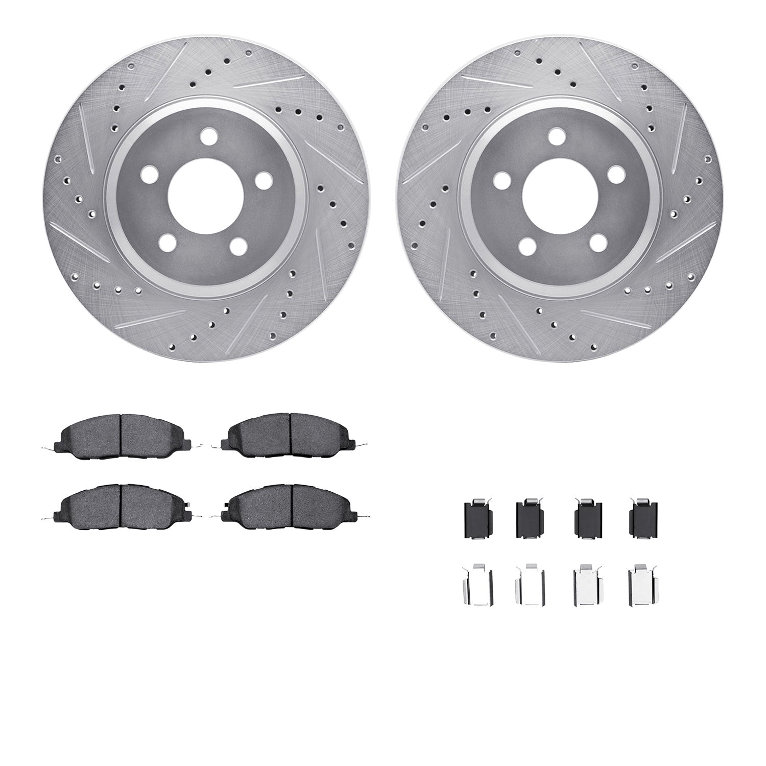 Dynamic Friction Company Front Brake Rotors-Drilled and Slotted-Silver with 5000 Euro Ceramic Brake Pads includes Hardware 7612-54009