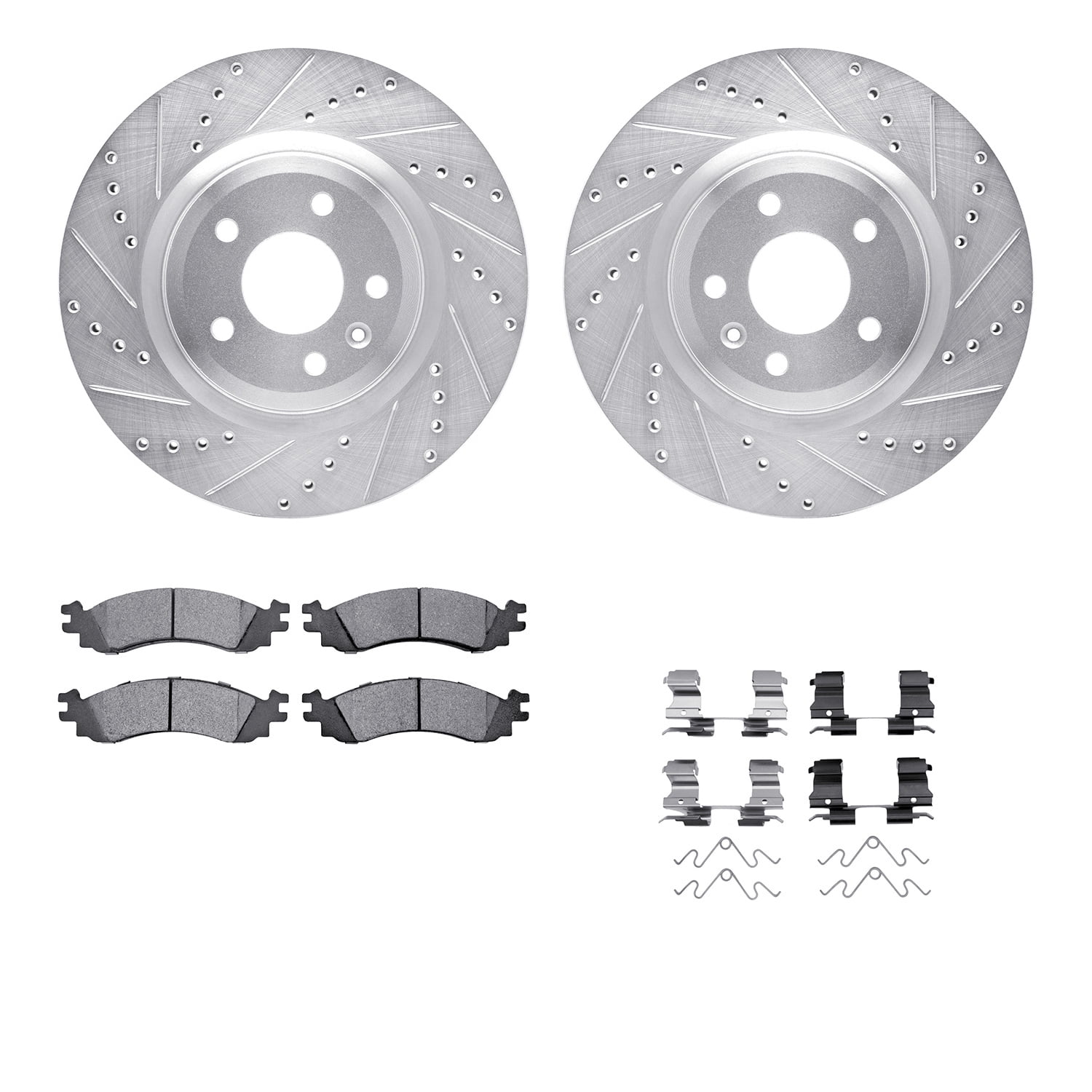 Dynamic Friction Company Front Brake Rotors-Drilled and Slotted-Silver with 5000 Euro Ceramic Brake Pads includes Hardware 7612-54023