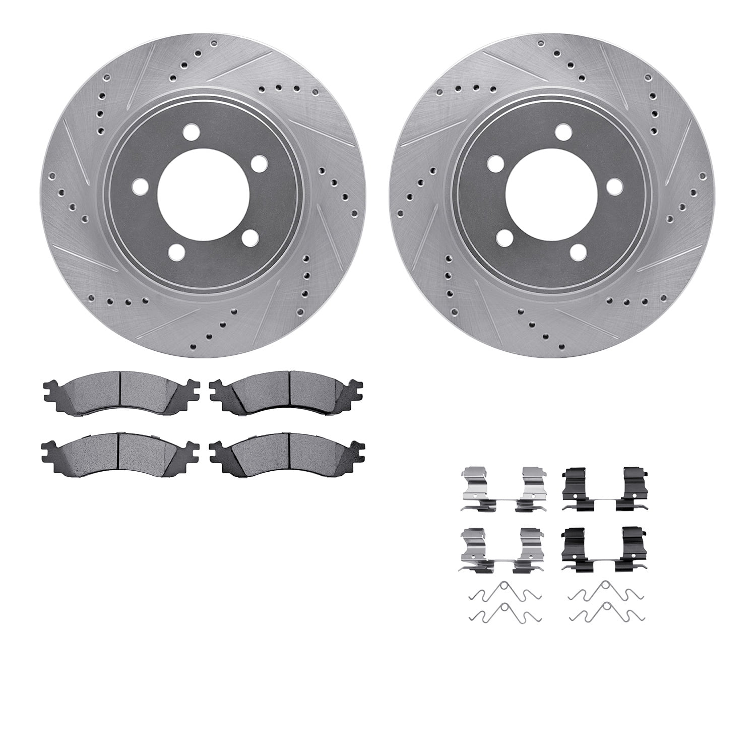 Dynamic Friction Company Front Brake Rotors-Drilled and Slotted-Silver with 5000 Euro Ceramic Brake Pads includes Hardware 7612-54024