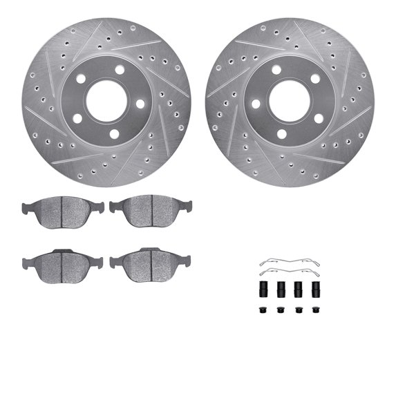 Dynamic Friction Company Front Brake Rotors-Drilled and Slotted-Silver with 5000 Euro Ceramic Brake Pads includes Hardware 7612-54025