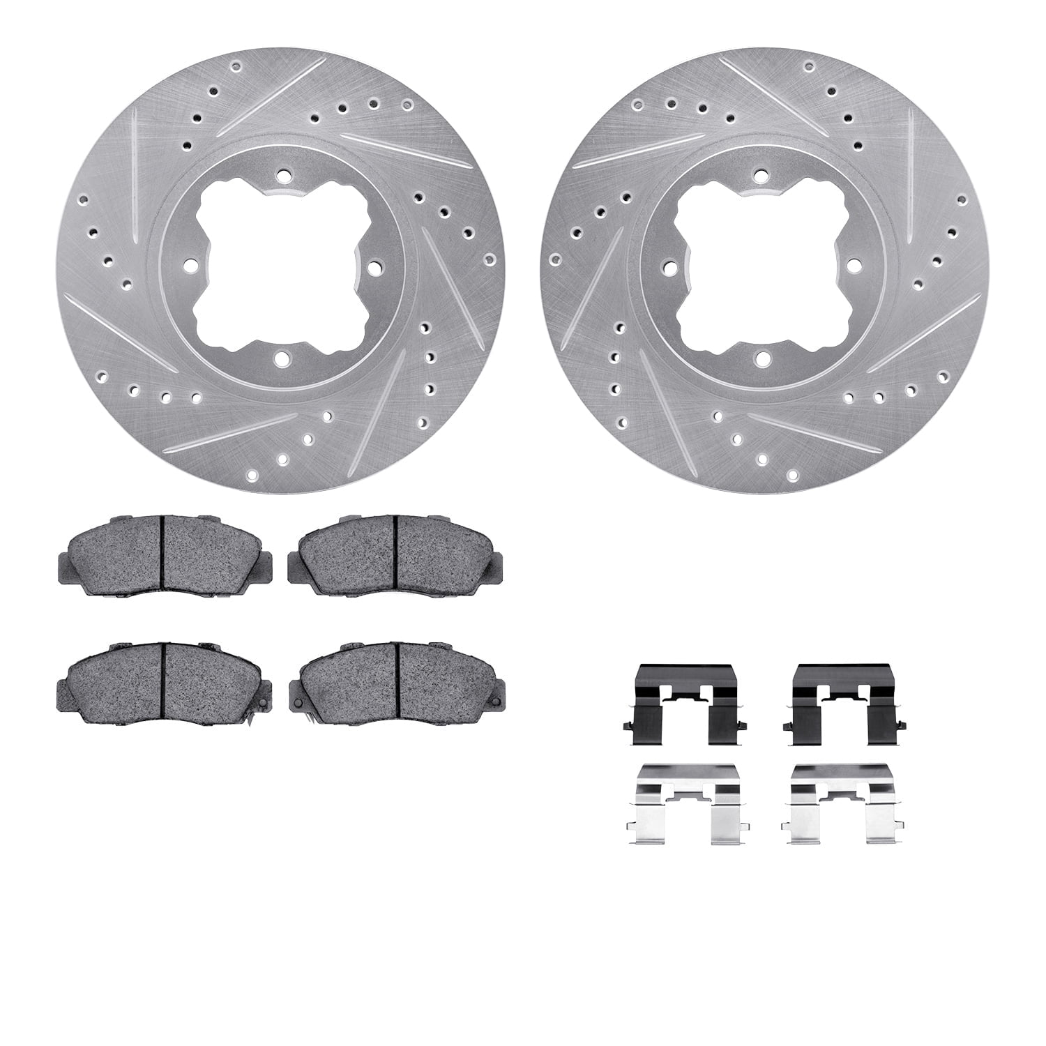 Dynamic Friction Company Front Brake Rotors-Drilled and Slotted-Silver with 5000 Euro Ceramic Brake Pads includes Hardware 7612-59000
