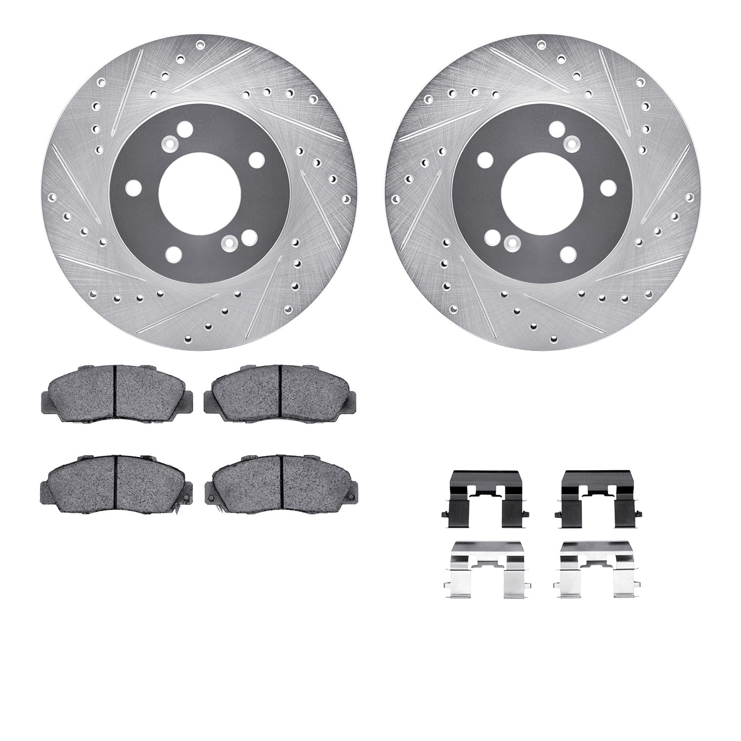 Dynamic Friction Company Front Brake Rotors-Drilled and Slotted-Silver with 5000 Euro Ceramic Brake Pads includes Hardware 7612-59003