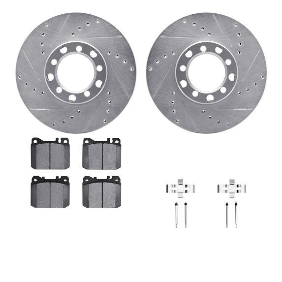 Dynamic Friction Company Front Brake Rotors-Drilled and Slotted-Silver with 5000 Euro Ceramic Brake Pads includes Hardware 7612-63019