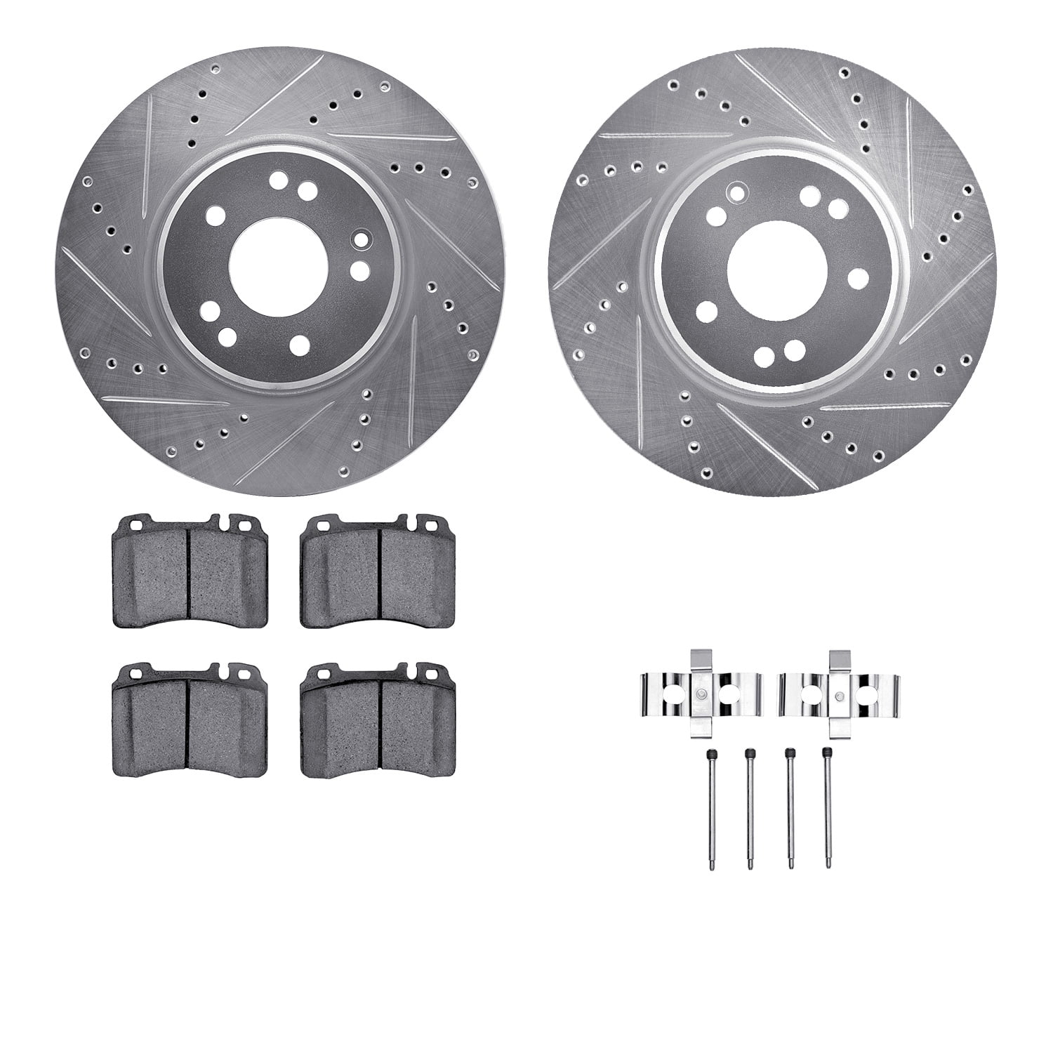 Dynamic Friction Company Front Brake Rotors-Drilled and Slotted-Silver with 5000 Euro Ceramic Brake Pads includes Hardware 7612-63047