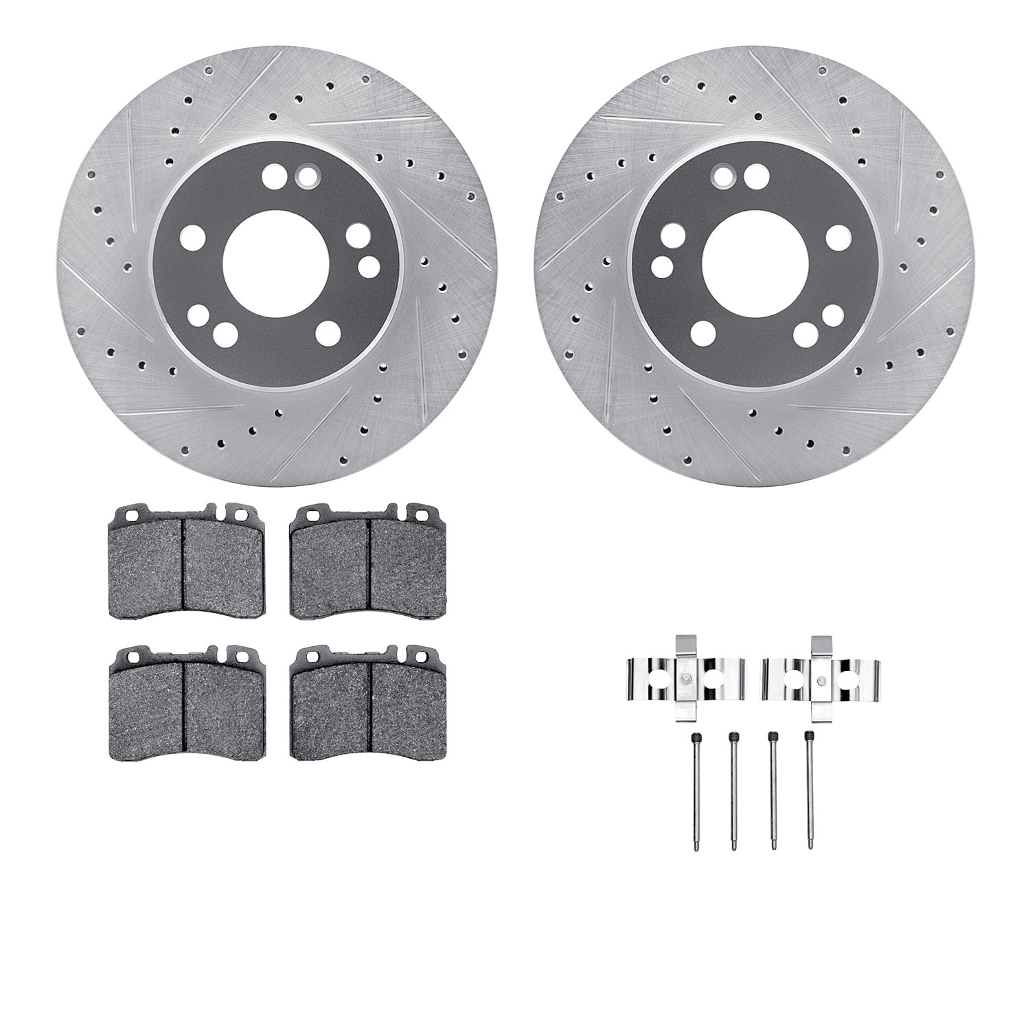 Dynamic Friction Company Front Brake Rotors-Drilled and Slotted-Silver with 5000 Euro Ceramic Brake Pads includes Hardware 7612-63049