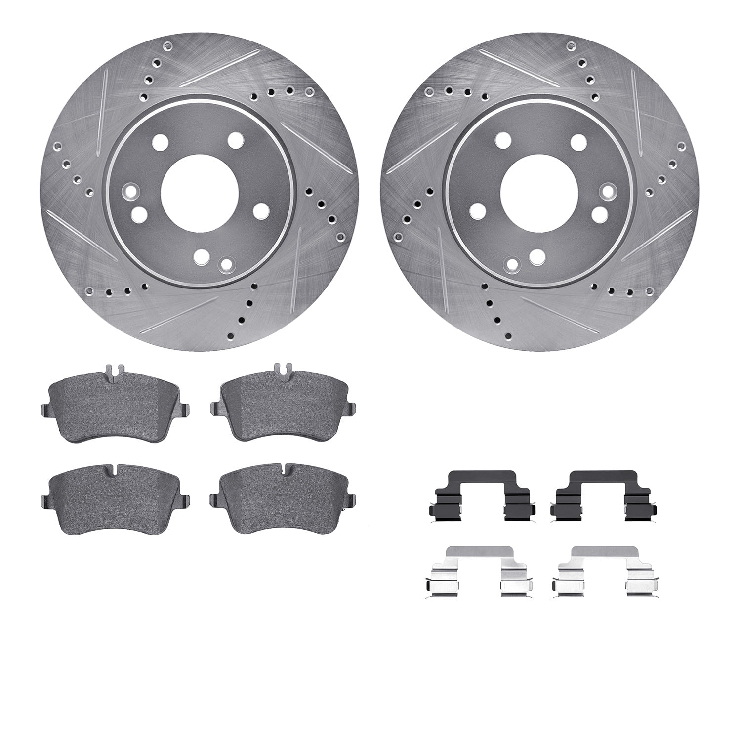 Dynamic Friction Company Front Brake Rotors-Drilled and Slotted-Silver with 5000 Euro Ceramic Brake Pads includes Hardware 7612-63060