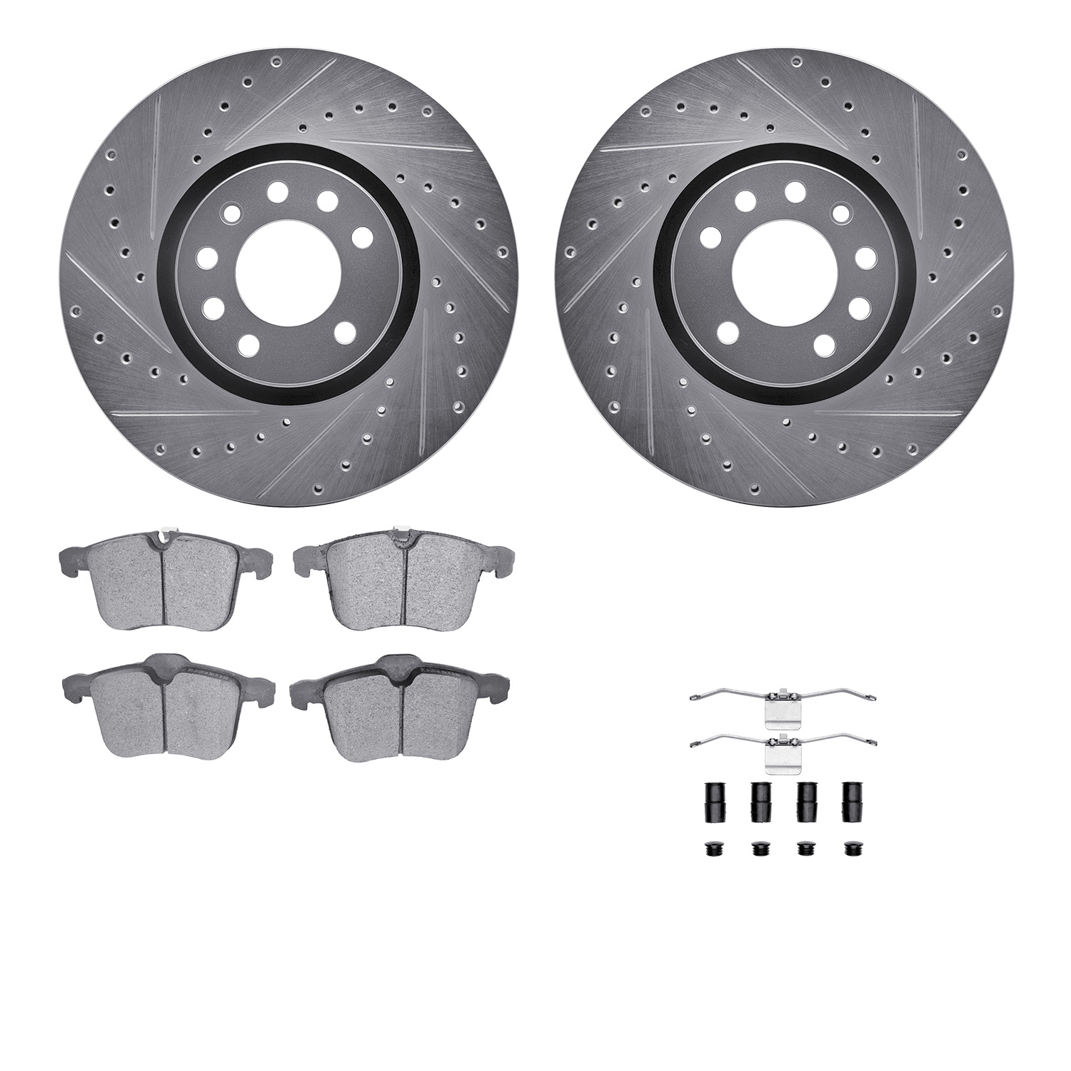 Dynamic Friction Company Front Brake Rotors-Drilled and Slotted-Silver with 5000 Euro Ceramic Brake Pads includes Hardware 7612-65015