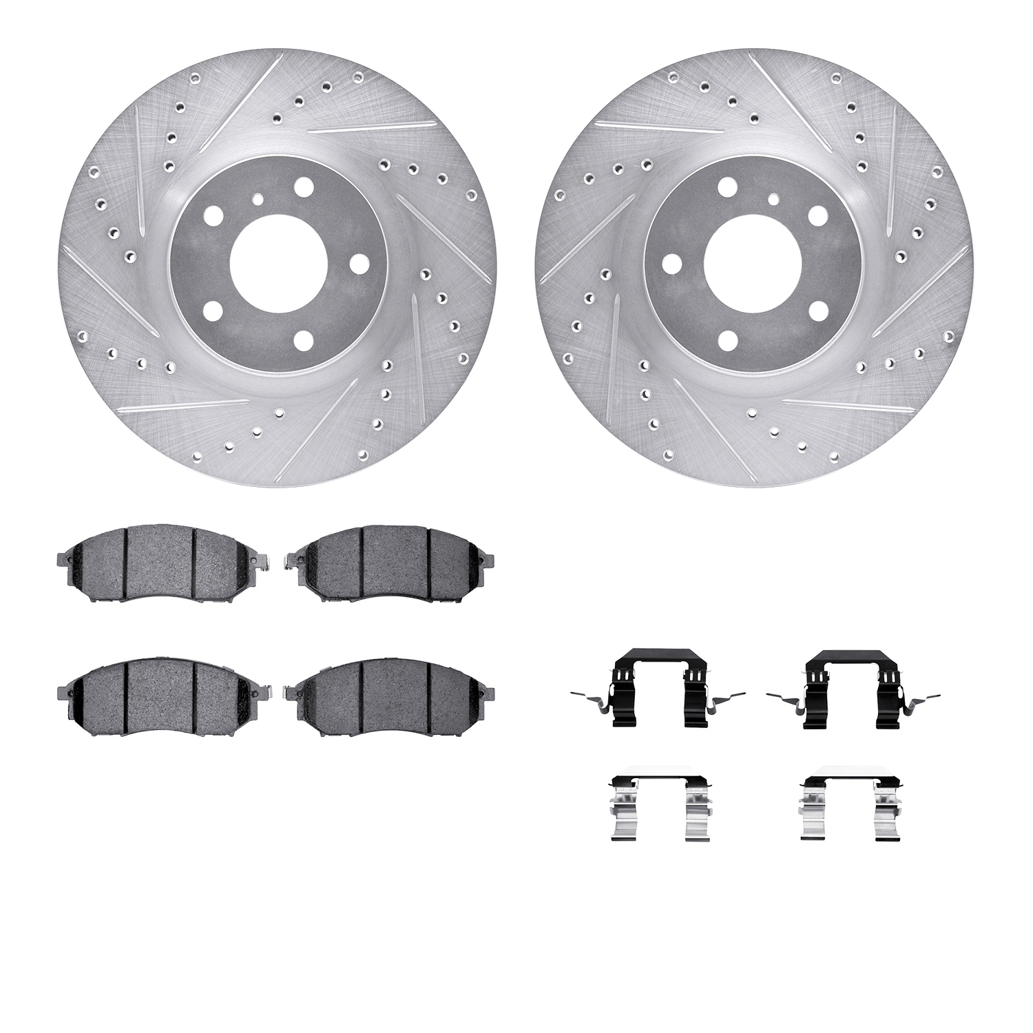 Dynamic Friction Company Front Brake Rotors-Drilled and Slotted-Silver with 5000 Euro Ceramic Brake Pads includes Hardware 7612-67002