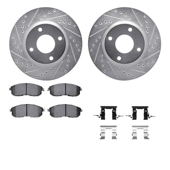 Dynamic Friction Company Front Brake Rotors-Drilled and Slotted-Silver with 5000 Euro Ceramic Brake Pads includes Hardware 7612-67004
