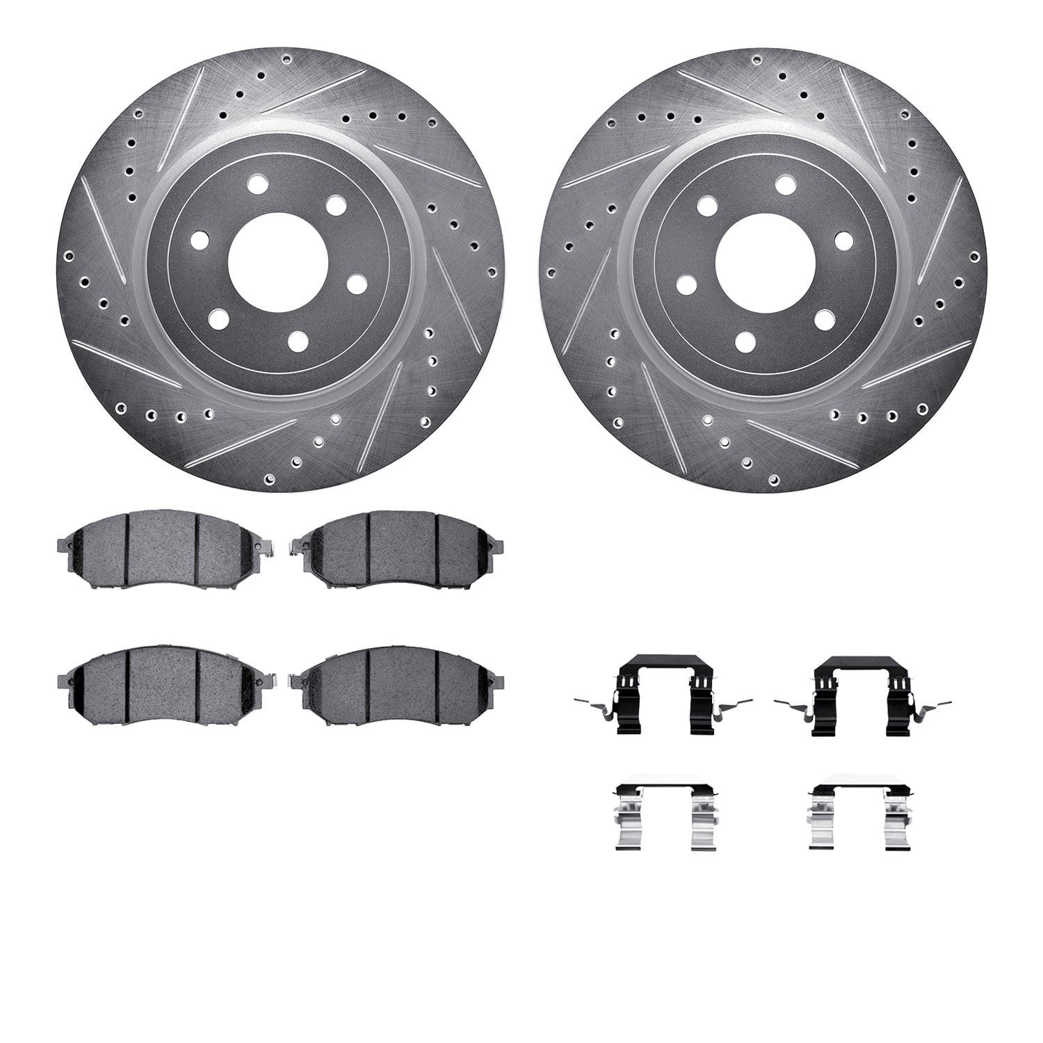 Dynamic Friction Company Front Brake Rotors-Drilled and Slotted-Silver with 5000 Euro Ceramic Brake Pads includes Hardware 7612-67012