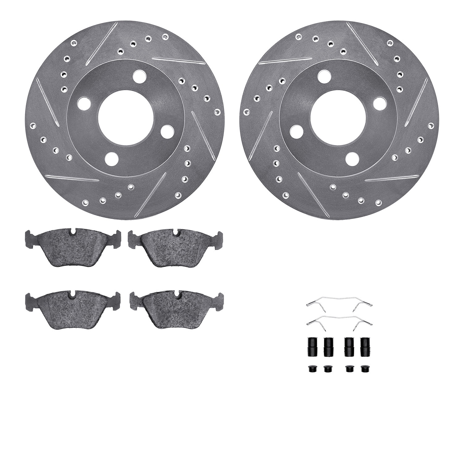 Dynamic Friction Company Front Brake Rotors-Drilled and Slotted-Silver with 5000 Euro Ceramic Brake Pads includes Hardware 7612-73000